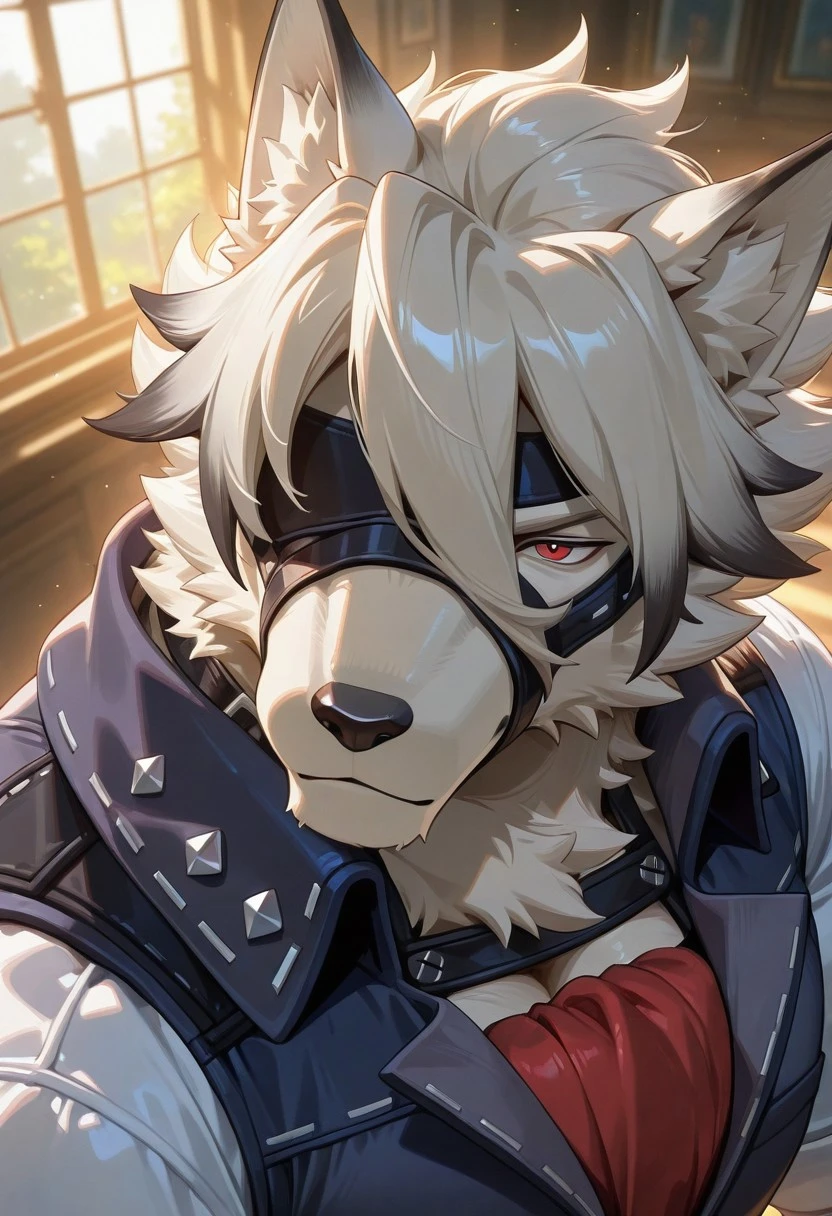 VonLycaonZZZ, solo, furry, wolf boy, tail, perfect eyes, red eyes, one eye covered, muscular, toned male, manly, large pectorals, dynamic angle, face focus, portrait, close up, side angle, vest, white collared shirt, ascot, fingerless gloves, unparalleled masterpiece, extremely-detailed, amazing quality, high resolution, intricate detail, very aesthetic, scenery, newest