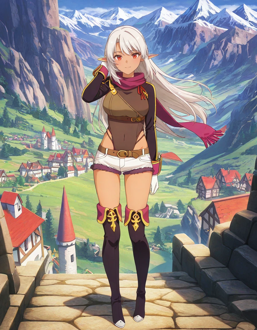 masterpiece, best quality, amazing quality, detailed background,
1girl, looking at viewer, solo, light smile, arm at sides, standing, full body, outdoors, mountain, wind, floating hair, hand in own hair, scenery, village, isekai, castle,
<lora:silk_amberwood-aparida_s1-v2-ixl-anime-soralz:1>, silk amberwood (aparida), dark elf, long hair, white hair, pointy ears, red eyes,
adventurer outfit 1, purple scarf, ribbon, highleg leotard, long sleeves, white gloves, white shorts, fur-trimmed shorts, belt, black thighboots