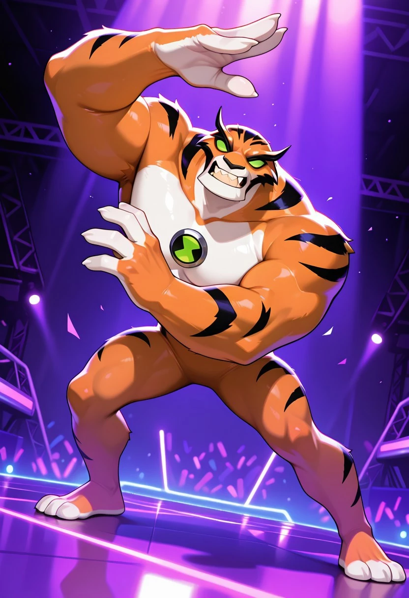 rath, furry, 1boy, green eyes, green sclera, solo, no humans, tiger strips , fangs, orange skin, sharp teeth, big arms, no pupils, big body, black eyebrows, angry,, white fingers,
smile, dance,dance floor, purple theme,dancing, dance pose,
,((masterpiece, best quality, amazing quality, very aesthetic, absurdres, newest, cinematic,)),