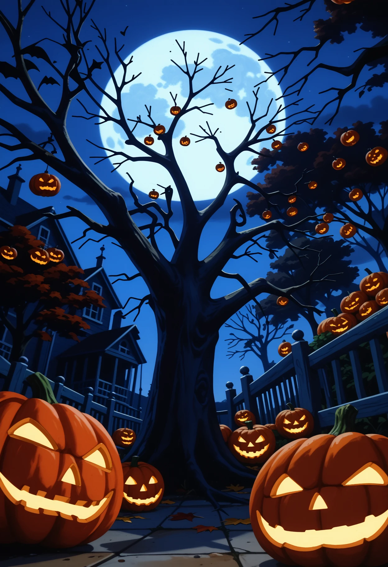 score_9, score_8_up, score_7_up,
h4110w33n, retro artstyle. outdoors, tree, no humans, night, shadow, moon, scenery, full moon, halloween, branch, jack-o'-lantern, dark, pumpkin, bare tree, moonlight, hole
<lora:halloween_tree-Pony-v1:1.25>