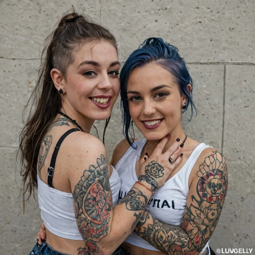 2 white tomboys european girls wearing stockings (1 ginger and 1 purple hair) showing the butt, medium Butterfly Cut hair, red hair, messy hair, big eyelashes, radiant smile, full body photo, 8k photo, tattoos, slim body, realistic,, arm full of tattoos, oiled up body, high details, cute face, teen girl, slander, best quality, photorealistic, topless, perfect eyes, tomboy, freckles, fringes, at the Champs-Élysées, tomboy, bow tie, distant focus, no chest, red lipsticks, red lips. naked, feeling pleasure, perfect crystal blue eyes , separated bodies, nude, show the butt, back shot, look back, tattooed butt, tattooed ass, hands up, looking up