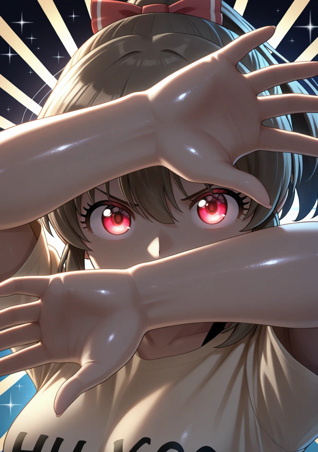 masterpiece, best quality, absurdres, perfect lighting,shiny skin,1girl,hori yuko,brown hair,red eyes,<lora:hori_yukko:1>,print shirt,psyco,arm up, upper body,serious, shadow,<lora:daisuke_il_1_d16:1.1>,looking at viewer,solo focus, sparkle background,sunburst background, blue background,black background,backlighting,open_hands,glowing eyes