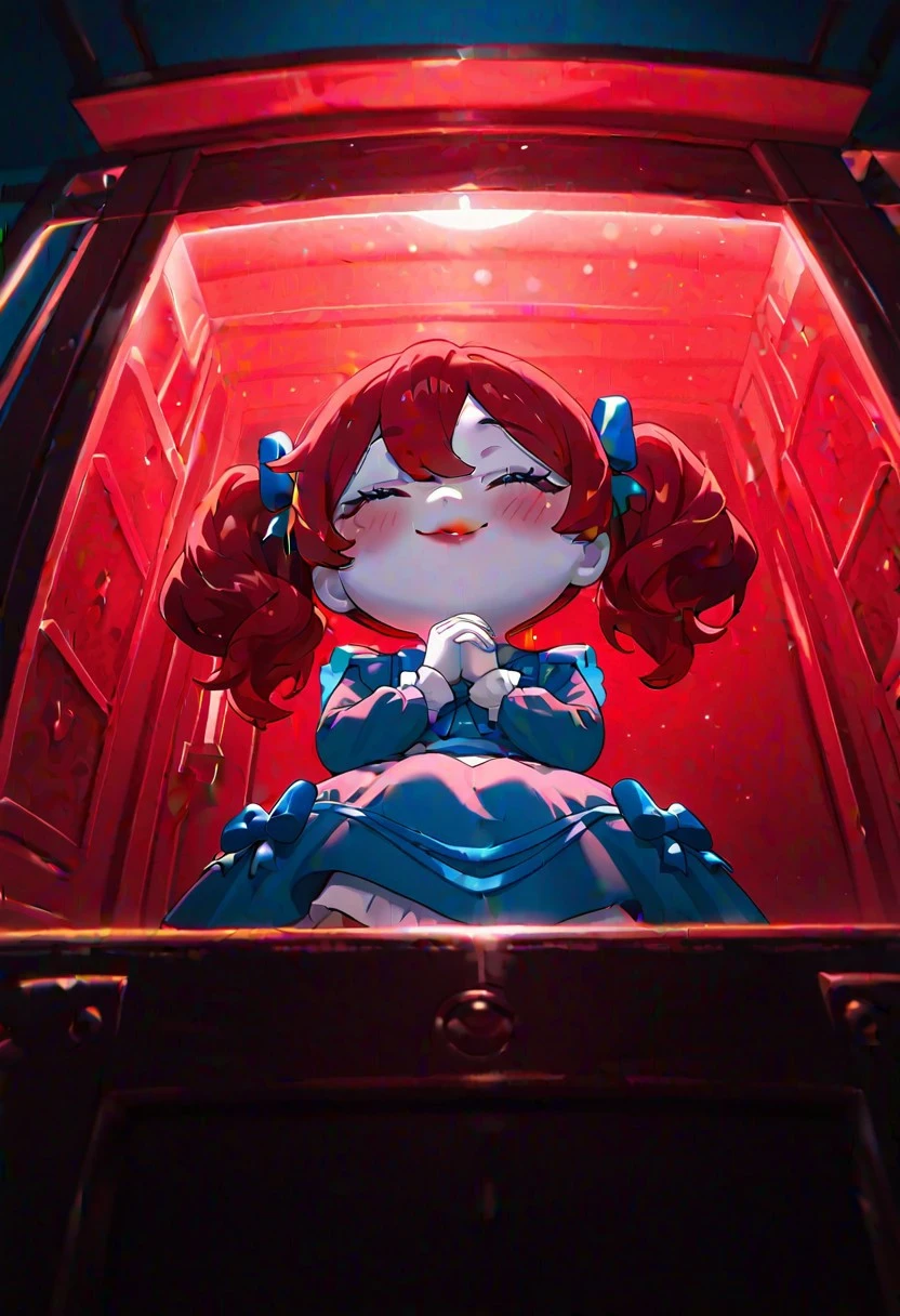 popplay, 1girl, twintails, red hair, blue bow, lipstick, blue dress, blush, long sleeves, white skin, red background, blue background, big head, adult, shortstack, chibi, big eyes,
inside box, from below, smile, closed eyes, hands together, red light, monochrome, on shelf,
,masterpiece, best quality, amazing quality, very aesthetic, absurdres, newest,,(( cinematic,))