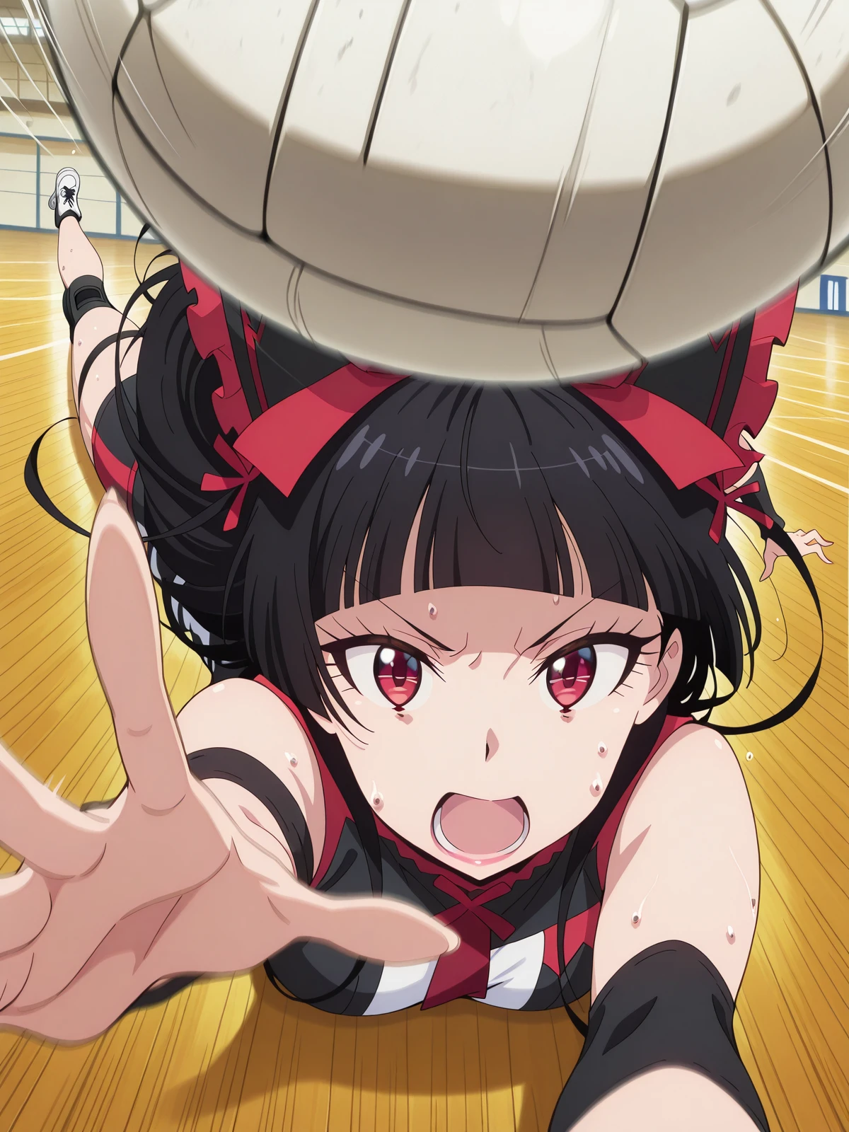 masterpiece, best quality, amazing quality,, <lora:rory-mercury-s1s2-illustriousxl-lora-nochekaiser:1>, rory mercury, long hair, black hair, red eyes, bangs, blunt bangs, hime cut, mature female, small breasts, anime screencap, <lora:volleyball-dig-illustriousxl-lora-nochekaiser:1>, volleyball dig, solo, looking at viewer, open mouth, sweat, foreshortening, ball, volleyball, volleyball (object), motion lines, motion blur, reaching, reaching towards viewer, on stomach, indoors, elbow sleeve, volleyball uniform, shorts, shirt, sleeveless, elbow pads, knee pads, , ,