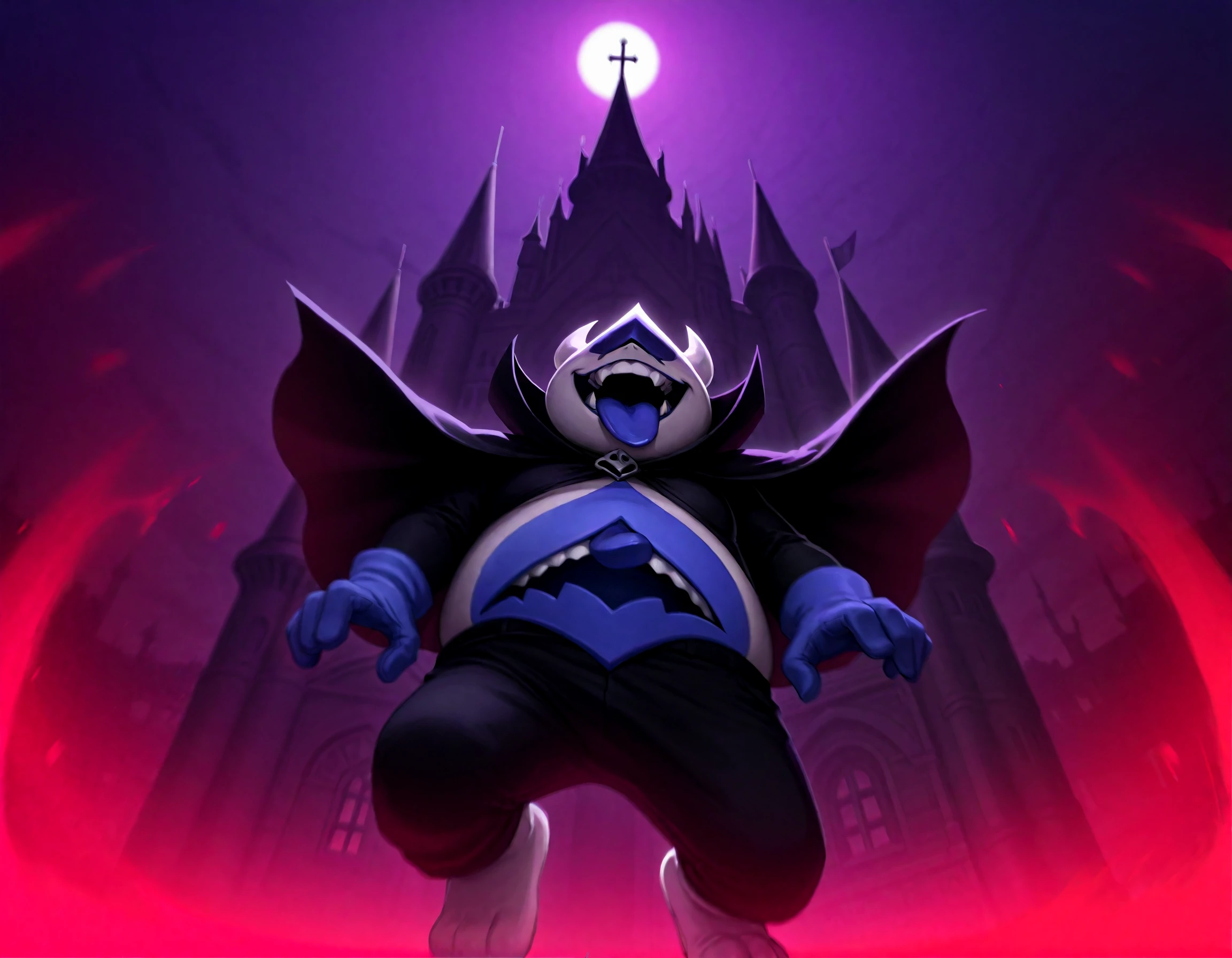masterpiece, best quality, art by katsura harufumi , by yonago miko, kingspade, black cape, 1boy, castle background, tongue out, general, action shot