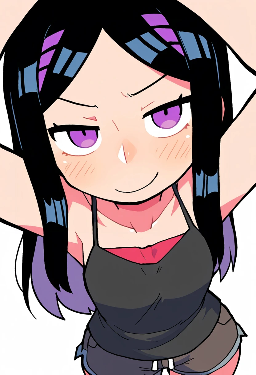 masterpiece, best quality, looking at viewer, upper body, portrait, looking at viewer, seductive smile, put your hands behind your head, armpits, armpits visible, sweaty armpits, Yoruichi Shihouin, very large breasts, purple hair, wearing black croptop , no bra, ponytail