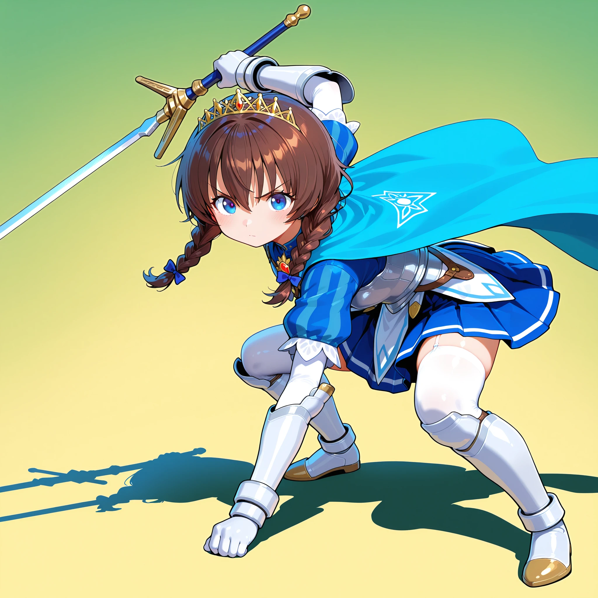 masterpiece, best quality, amazing quality, newest,detailed face, beautiful eye,<lora:songokuPoseV2test6++_illustrious:0.8> ,goku_pose_1, squatting pose, fighting stance, full body, left arm extended backward, right hand clenched into fist, legs apart, upper body leaning forward, looking sideways, serious expression, dynamic angle,left hand open,, <lora:riccaV2.0Dim16alpha4_illustrious:0.9>,ricca_main ,blue eyes ,,brown hair,hair between eyes,hair pulled forward,twin braids,ricca_battle1, breastplate, vertical striped sleeves,armor, armored dress,blue_dress,, white gloves, gauntlets, blue skirt, pleated skirt, zettai ryouiki, white thighhighs, garter straps,greaves, cape, blue cape, tiara, brooch, flower brooch,chest brooch,sword,holding sword,two-handed,