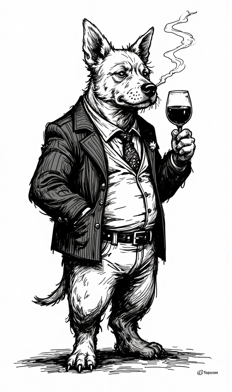 ffs,Rough,rugged black and white lines,with a strong hand-drawn feel,1 dog,suit,holding a wine glass,smoking,