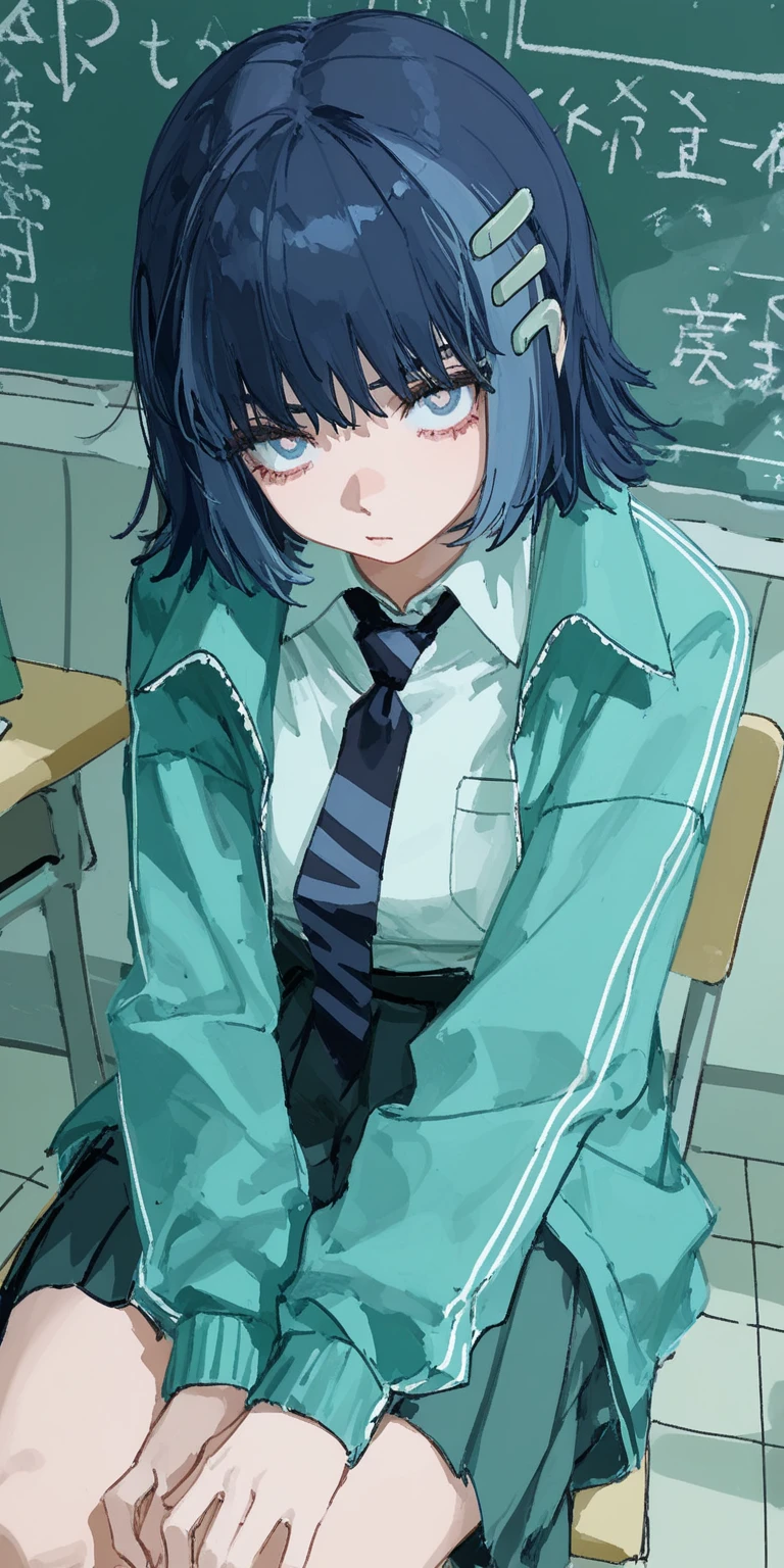 masterpiece, best quality, good quality,anime character, dynamic angle, lazypos, detailed background, vibrant colors, delicate, indoors, classroom, looking at viewer, sitting

, solo, 1girl, short hair, blue hair, hairclip,

, collared shirt, tie, skirt, pleated skirt, jacket,

,BREAK (by tianliang duohe fangdongye), [by quasarcake],