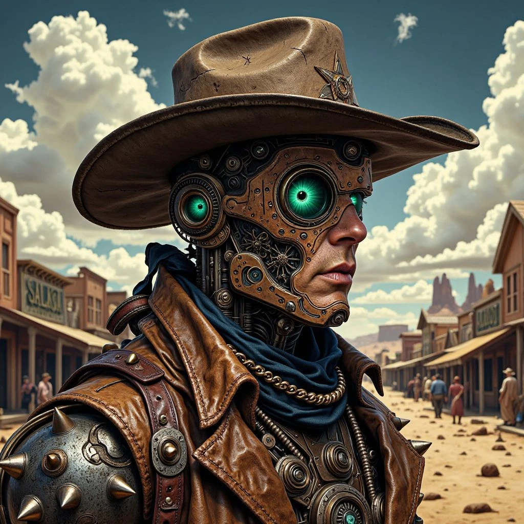 A hyper-realistic dark fantasy portrait of a biomechanical cowboy set in a sprawling desert frontier town. The figure’s head is dominated by a large mechanical eye lens resembling a sheriff’s badge, glowing deep green-blue, surrounded by smaller, gear-embedded lenses arranged like a cluster of watchful eyes. His face mixes weathered human skin with brass and copper plates, some rusted and engraved with intricate western motifs such as stars, horseshoes, and barbed wire patterns. A wide-brimmed leather hat, worn and cracked, sits atop his head, tilted to one side. His mechanical body features visible pistons, leather straps, and bits of chainmail, blending classic outlaw aesthetics with steampunk machinery. He wears a long duster coat with metallic spikes along its edges and a bandana partially covering his lower face. The background shows a dusty saloon street with wooden buildings, tumbleweeds, and distant mesas under a dramatic midday sky.