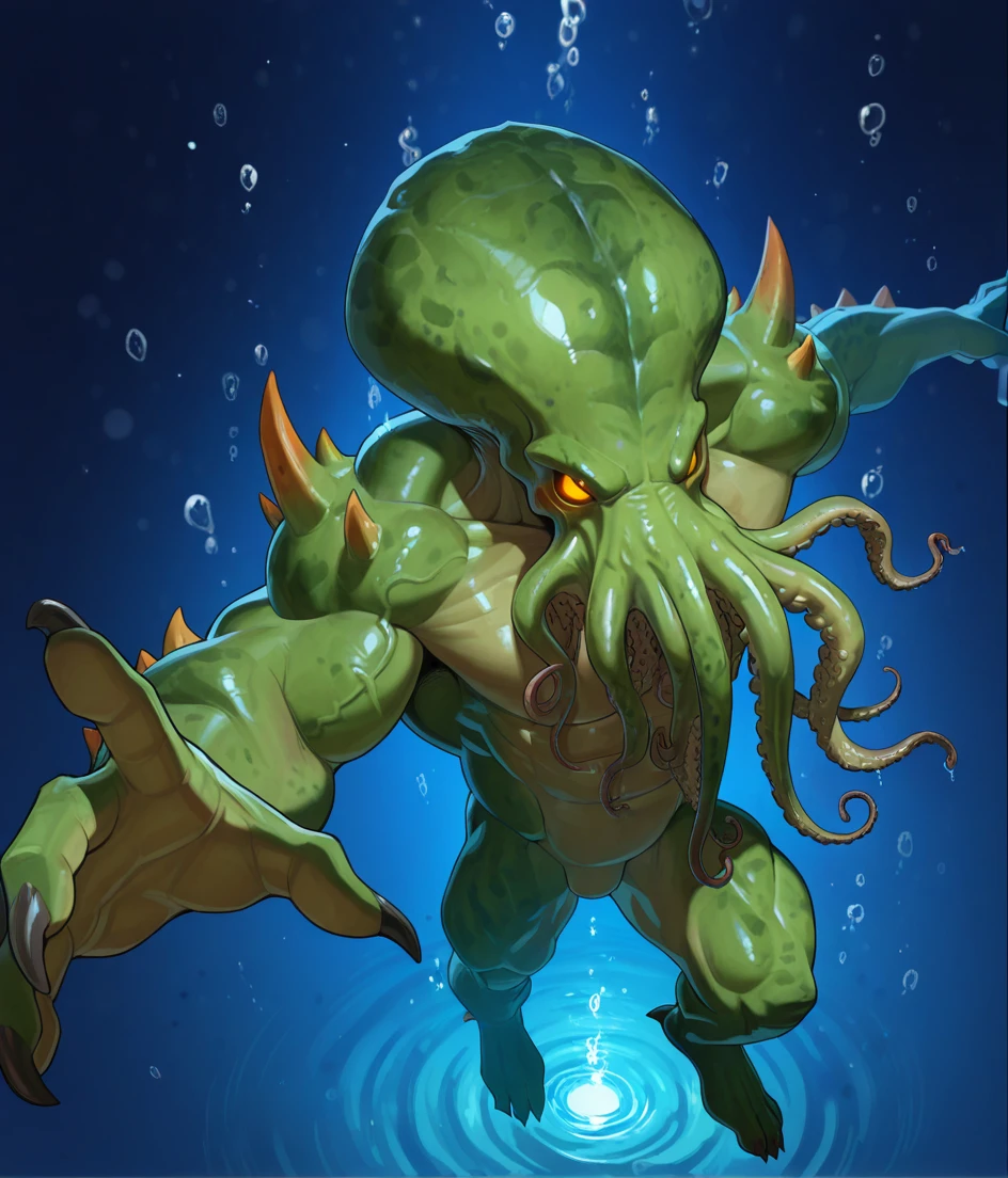 perfect anatomy, masterpiece, perfect quality, best quality, amazing quality, detailed, newest, very aesthetic, dynamic pose,
swimming, from above, underwater, swimming up, fast, reaching out, coming from the depth, darkness below,
cthu1hu, eldritch abomination, lovecraft, monster, creature, horror (theme), face tentacles, tentacles, claws, muscular, glowing, glowing eyes, green skin, plated body, octopus head, shoulder spikes, arm spikes, green skin,
<lora:Cthulhu for Illustrious:0.85>