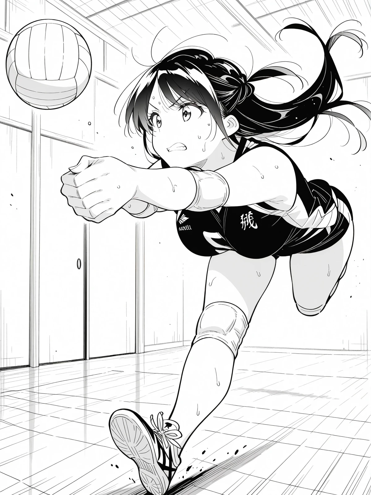 masterpiece, best quality, amazing quality,, <lora:chizuru-ichinose-manga-illustriousxl-lora-nochekaiser:1>, chizuru ichinose, mizuhara chizuru, long hair, bangs, one side up, greyscale, monochrome, mature female, , <lora:volleyball-roll-illustriousxl-lora-nochekaiser:1>, volleyball roll, solo, full body, sweat, teeth, clenched teeth, ball, running, volleyball, volleyball (object), outstretched arms, own hands together, indoors, volleyball uniform, shorts, shirt, sleeveless, elbow pads, , ,