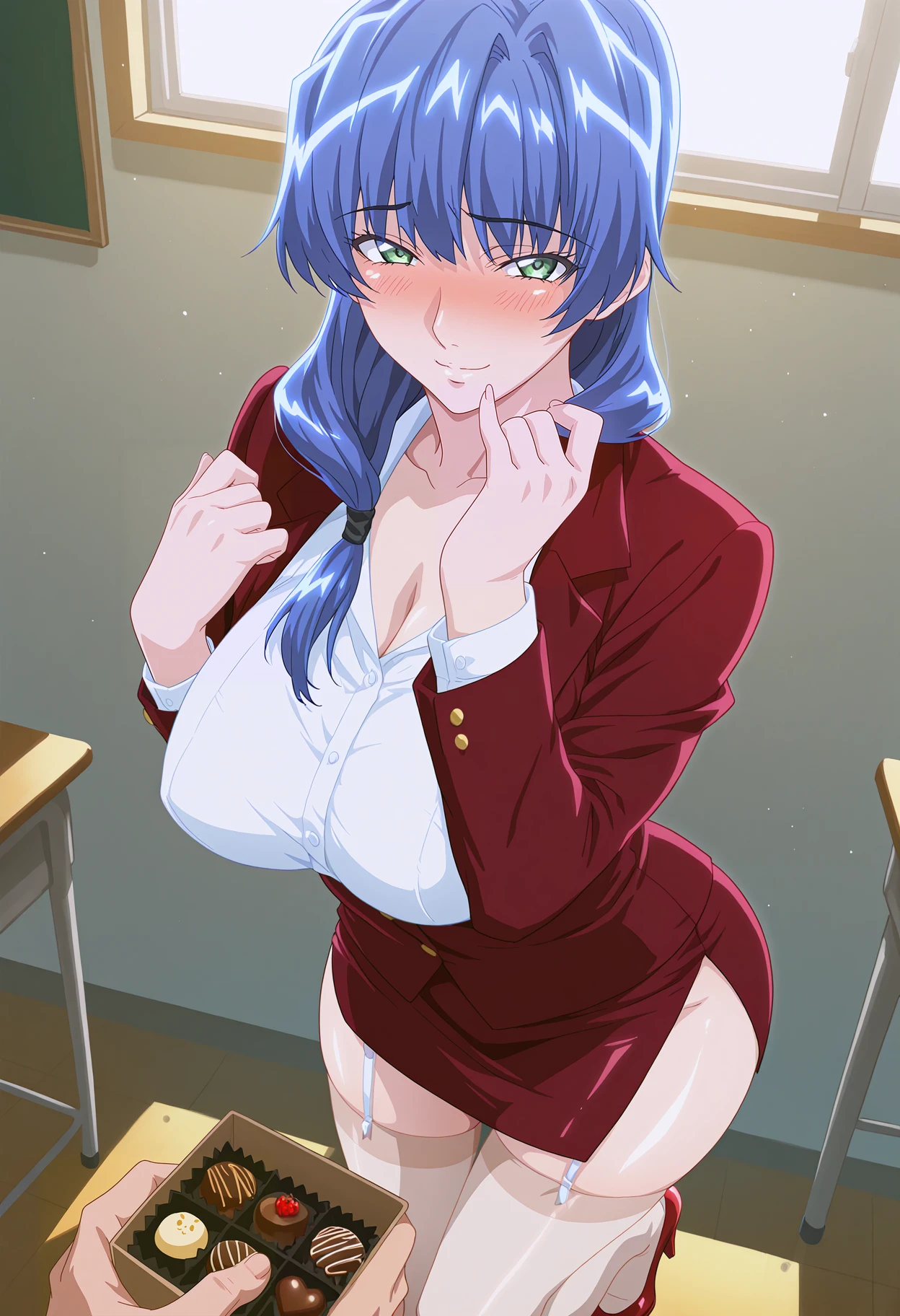 Alien-themed uncensored, masterpiece, best quality, amazing quality, highly detailed, absurdres, 1girl, solo, yoshino chikage, female focus, green eyes, blue hair, low-tied hair, hair over shoulder, large breasts, looking at viewer, standing, seductive smile, formal outfit, burgundy jacket, white blouse, short skirt, thigh slit, business attire, garter straps, thighhighs, red heels, turning head to the right, blush, embarrassed, holding own hand, school classroom, pov, 1boy, male giving female a box of chocolate, light smile, straight angle,
<lora:Yoshino Chikage v2.0_1:0.8> . Extraterrestrial, cosmic, otherworldly, mysterious, sci-fi, highly detailed