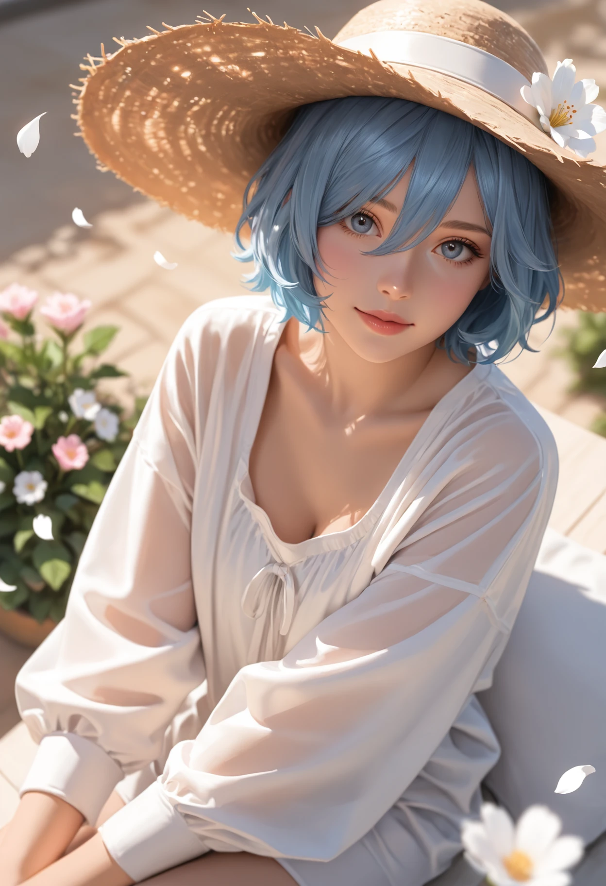 adult, mature, masterpiece, best quality, good quality, newest, highres, absurdres,
BREAK
raytracing, ambient occlusion,best quality, very awa, dynamic, cinematic, depth of field,blurry,
BREAK
realistic, masterpiece, absolutely eye-catching, (beautiful face),
BREAK
 bird, blue eyes, blue hair, flower, hair between eyes, hair ornament, hat, highres, long sleeves, looking at viewer, petals, short hair, sitting, solo