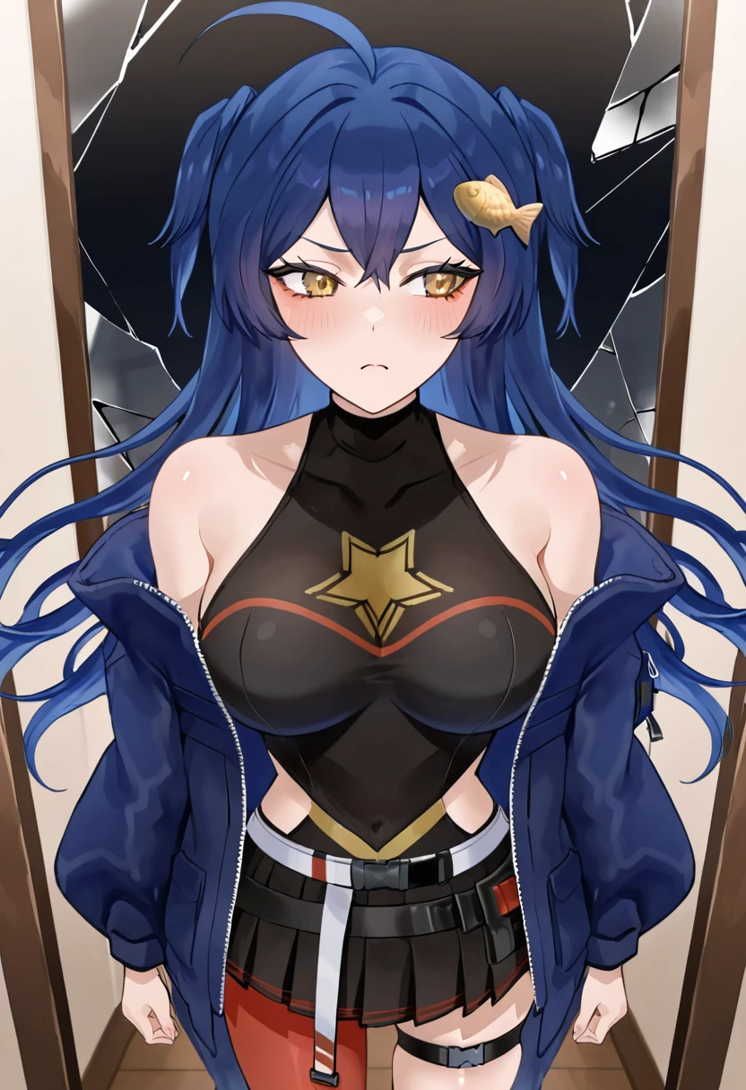 2D, anime coloring, anime screencap,
1girl, solo, yakirisu,
yellow eyes, blue hair, two side up, fish hair ornament,
black shirt, off shoulder, bare shoulders, blue jacket, belt, single leg pantyhose, single thighhigh, asymmetrical legwear, thigh strap,
looking at reflection, shattered mirror, broken glass, glass shards, anguished expression, blood splatter, low lighting, indoor setting, sharp fragments, dramatic tension, focused composition, psychological impact,
<lora:Character_Yakirisu:0.9>, masterpiece, high quality, best quality, newest