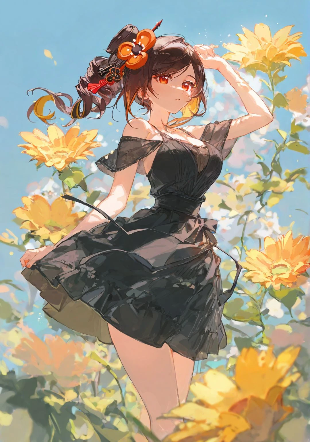 highres,extremely detailed 8k wallpaper,illustration,depth of field,great quality,masterpiece,best quality,amazing quality,very aesthetic,absurdres,detail eyes,
Chosen pastel style,artist:ciloranko BREAK
curvy,(narrow waist:1.1),<lora:Chosen pastel style:0.8>,(Chiori \(genshin impact\):0.7),black dress,bare shoulder,sun dress,short dress,flowers,spring,