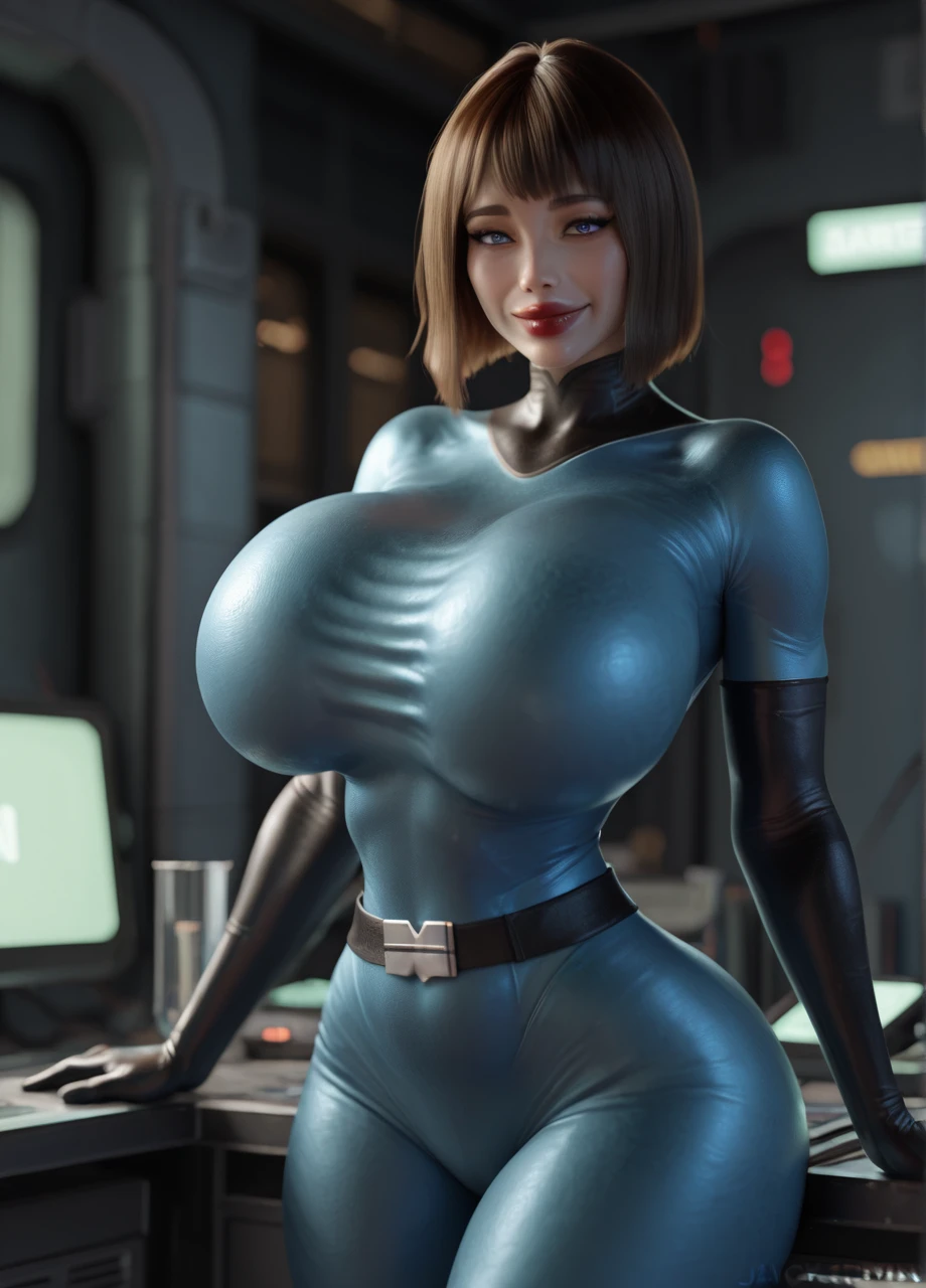 Lean fit agent honeydew girl from the dark knight stands imposing in a gothic lost city. Blue bodysuit, black hair, (gigantic breasts), Moonlight highlights her fit and lean figure. Slender hips, (hip dips), intricate bodysuit, logo on shoulder, (black utility belt), The scenery is grim and mysterious, with futuristic tech and surroundings. The camera details everything, (((masterpiece)))