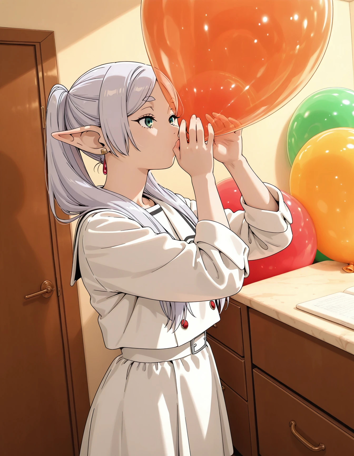masterpiece,best quality,amazing quality,very aesthetic,high resolution,ultra detailed,perfect details,
1girl,solo,<lora:mai_balloon_blowing:1>,mai_balloon_blowing,balloon_blowing,
<lora:Frieren_v1.0_illustrious:1>,frieren,
