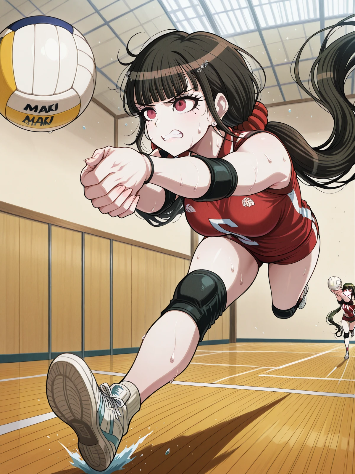 masterpiece, best quality, amazing quality,, <lora:maki-harukawa-ingame-illustriousxl-lora-nochekaiser:1>, maki harukawa, harukawa maki, long hair, bangs, brown hair, black hair, hair ornament, red eyes, twintails, very long hair, hairclip, blunt bangs, mole under eye, low twintails, scrunchie, hair scrunchie, red scrunchie, mature female, , <lora:volleyball-roll-illustriousxl-lora-nochekaiser:1>, volleyball roll, solo, full body, sweat, teeth, clenched teeth, ball, running, volleyball, volleyball (object), outstretched arms, own hands together, indoors, volleyball uniform, shorts, shirt, sleeveless, elbow pads, , ,