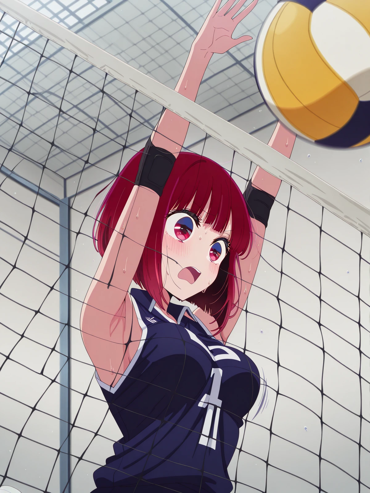 masterpiece, best quality, amazing quality,, <lora:kana-arima-s1s2-illustriousxl-lora-nochekaiser:1>, kana arima, arima kana, short hair, bangs, red eyes, red hair, bob cut, mature female, small breasts, anime screencap, <lora:volleyball-block-illustriousxl-lora-nochekaiser:1>, volleyball block, solo, blush, open mouth, sweat, armpits, arms up, ball, volleyball, volleyball (object), volleyball net, motion blur, indoors, elbow sleeve, volleyball uniform, shorts, shirt, sleeveless, elbow pads, knee pads, , ,