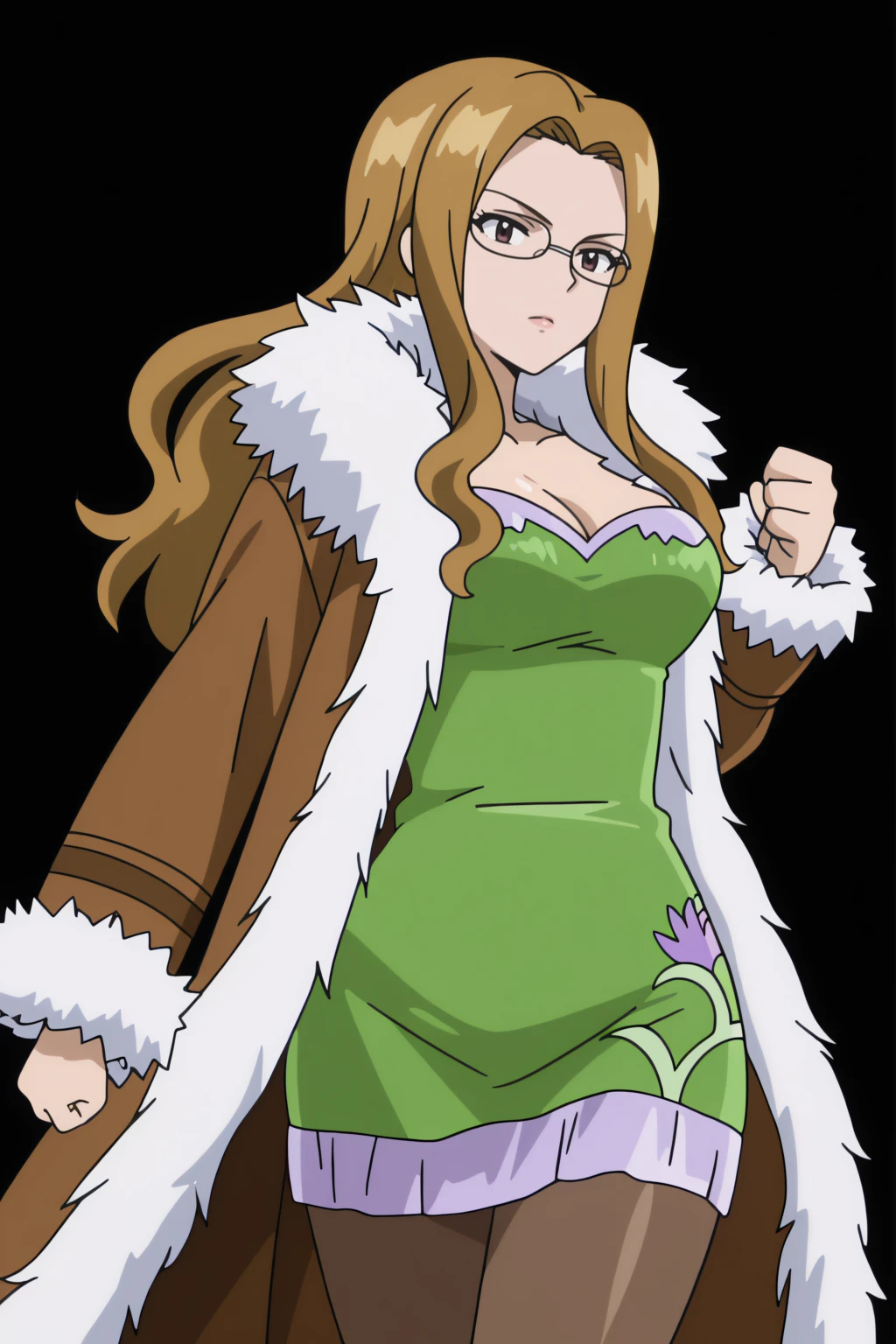 (masterpiece, best quality), 1girl,   <lora:ftevergreen-nvwls-v1:0.8> ftEver, glasses, purple and green dress, strapless dress, cleavage, short dress, pantyhose, coat, fur trim, breast tattoo