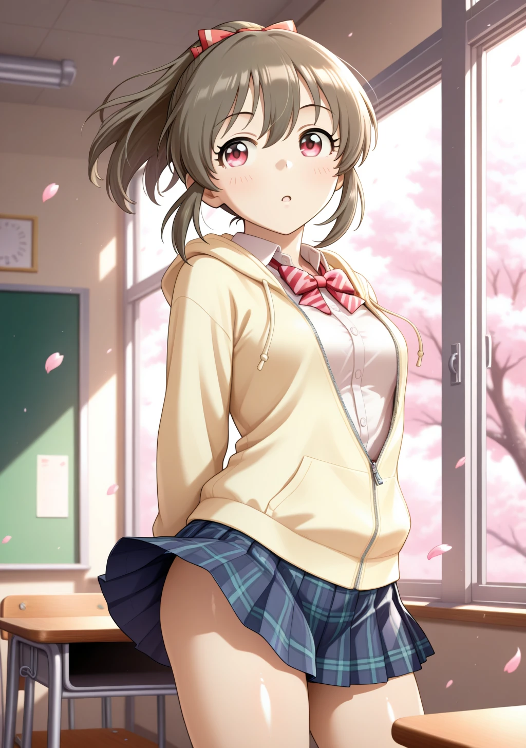 masterpiece, best quality, absurdres, perfect lighting,shiny skin,1girl,hori yuko,brown hair,red eyes,<lora:hori_yukko:1>,hooded jacket, school uniform, bowtie, pleated skirt,classroom, table, window, cherry blossoms, wind, floating hair,