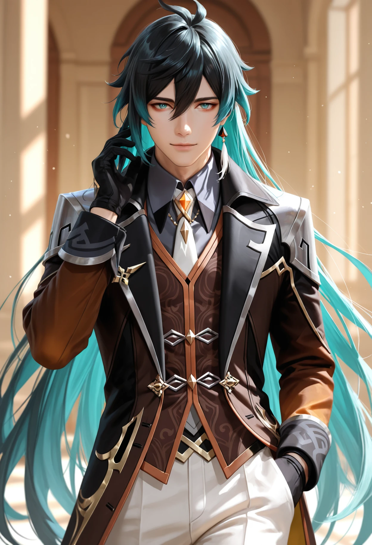 adult, mature, masterpiece, best quality, good quality, newest, highres, absurdres,
BREAK
raytracing, ambient occlusion,best quality, very awa, dynamic, cinematic, depth of field,blurry,
BREAK
realistic, masterpiece, absolutely eye-catching, (beautiful face),
BREAK
aqua eyes, aqua hair, black coat, black gloves, black hair, closed mouth, coat, genshin impact, gloves, hair between eyes, hand up, highres, light smile, long hair, long sleeves, looking at viewer, male focus, palette swap, pants, solo, very long hair, white pants, zhongli (genshin impact)