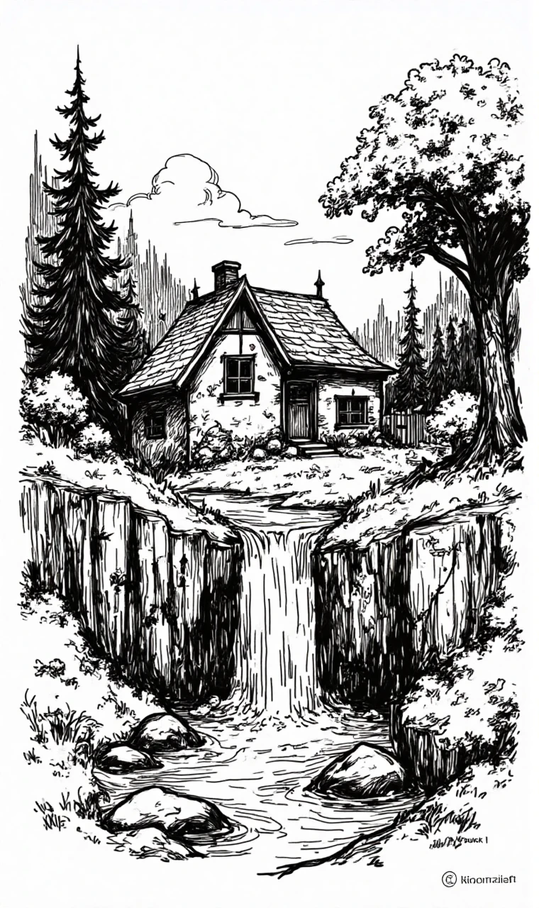 ffs,Rough, rugged black and white lines, with a strong hand-drawn feel, 1 house, tree, waterfall