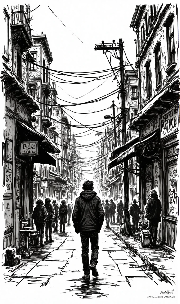 ffs,Rough,rugged black and white lines,with a strong hand-drawn feel,city,street
