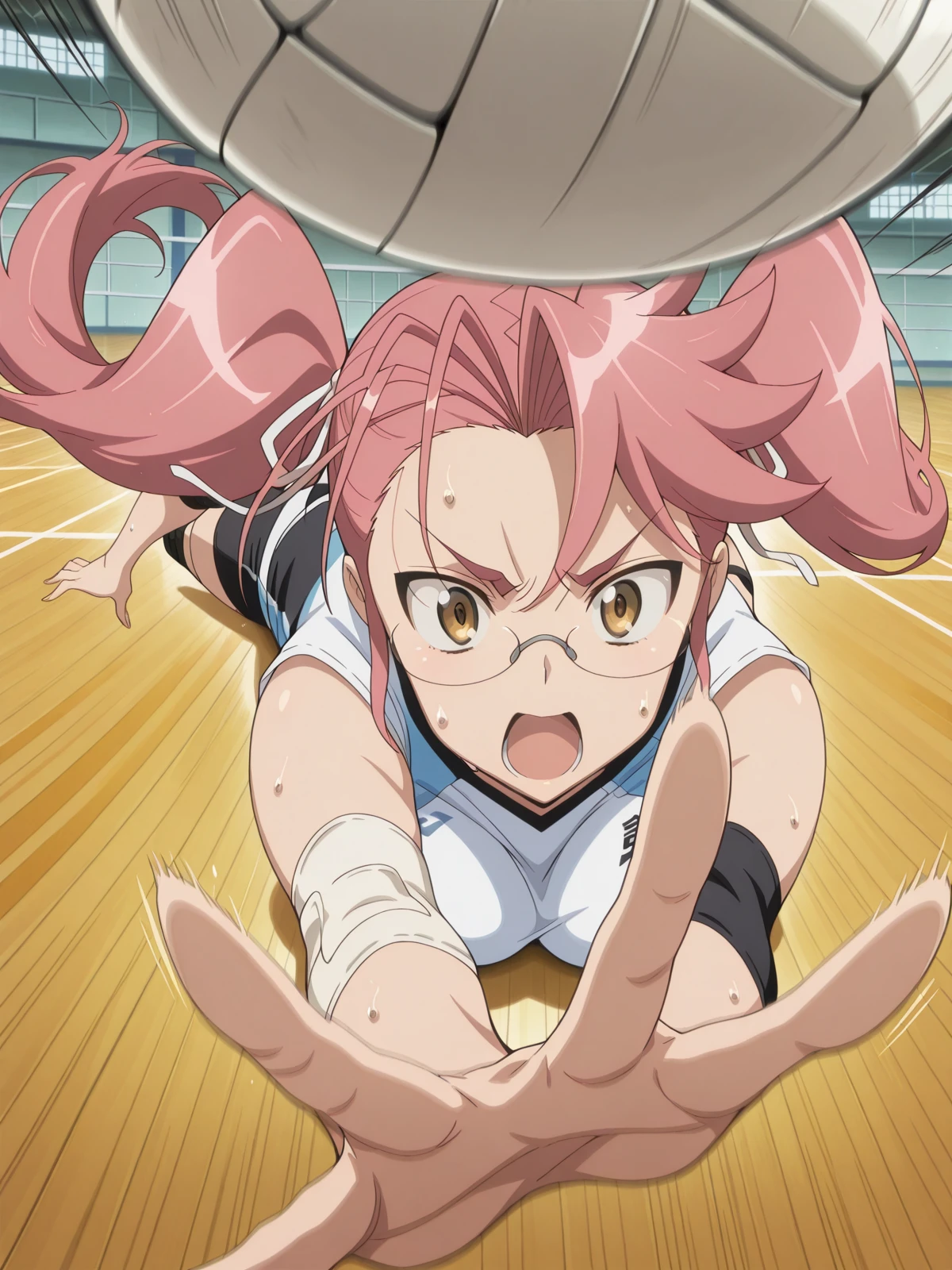 masterpiece, best quality, amazing quality,, <lora:saya-takagi-s1-illustriousxl-lora-nochekaiser:1>, saya takagi, takagi saya, long hair, ribbon, twintails, brown eyes, hair ribbon, pink hair, glasses, mature female, breasts, anime screencap, <lora:volleyball-dig-illustriousxl-lora-nochekaiser:1>, volleyball dig, solo, looking at viewer, open mouth, sweat, foreshortening, ball, volleyball, volleyball (object), motion lines, motion blur, reaching, reaching towards viewer, on stomach, indoors, elbow sleeve, volleyball uniform, shorts, shirt, sleeveless, elbow pads, knee pads, , ,