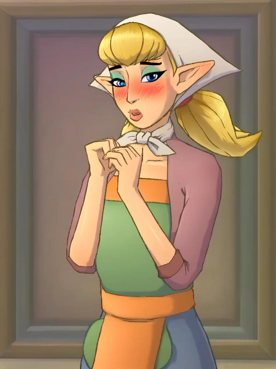 1girl, solo, cowboy shot, looking at the viewer, , eager, , bashful, blushing,
<lora:Peatrice_Skyward_Sword_Pony:0.85> peatrice, blonde hair, pointy ears, head scarf, apron, blush, blue eyes, makeup, lips, bandana
<lora:Akabur_Style_v2:1> 4K4BUR5TYL3âââ