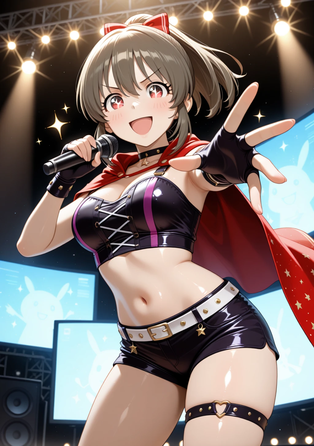 masterpiece, best quality, absurdres, perfect lighting,shiny skin,1girl,hori yuko,brown hair,red eyes,<lora:hori_yukko:1>,black_and_purple crop top,red cloak, fingerless gloves,black short shorts,choker, star \(symbol\), thigh strap,reaching towards viewer, naughty face, open mouth, smile,looking at viewer, v-shaped eyebrows,holding microphone,idol,idol costume, stage, stage lights, cowboy shot, monitor, holographic monitor,sparkling eyes, sparkle,