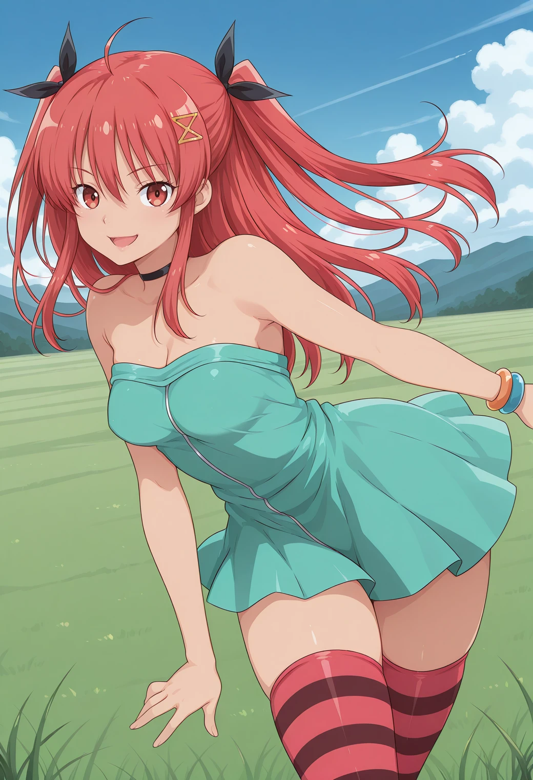 score_9,score_8_up,score_7_up,score_6_up, source_anime,
1girl, solo, <lora:SeeDark_Style_Pony_v3:0.9>, red hair, ponytail, green eyes, swinging golf club, green grass, blue sky, sleeveless, one-piece dress, (white dress with red trim), bare shoulders, brown loafers, white socks, bare legs, golf ball, dynamic angle, foreshortening, fantasy, miniskirt, yellow ribbon, open mouth, smile, confident, collarbone, cleavage,
