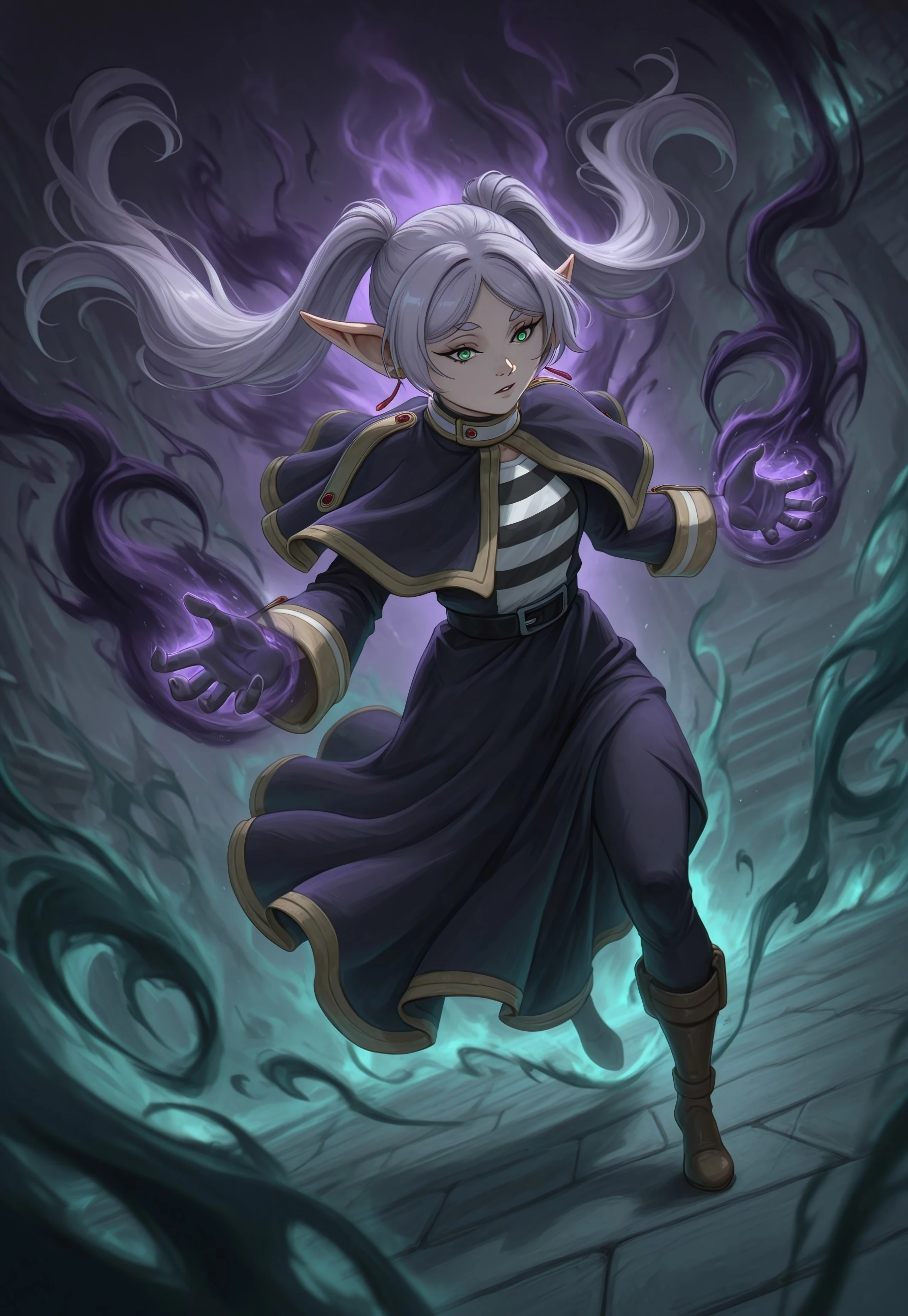 (((ultra detailed, masterpiece, high quality, )))
, 
((( Darmagmb2, casting dark spell, shadow energy, corrupted aura, purple black magic, glowing, )))
,
((( 1girl, solo, )))
,
((( frieren, grey hair, long hair, green eyes, twintails, parted bangs, earrings, pointy ears)))
,
(((  )))
,
((( ,)))

((( )))
