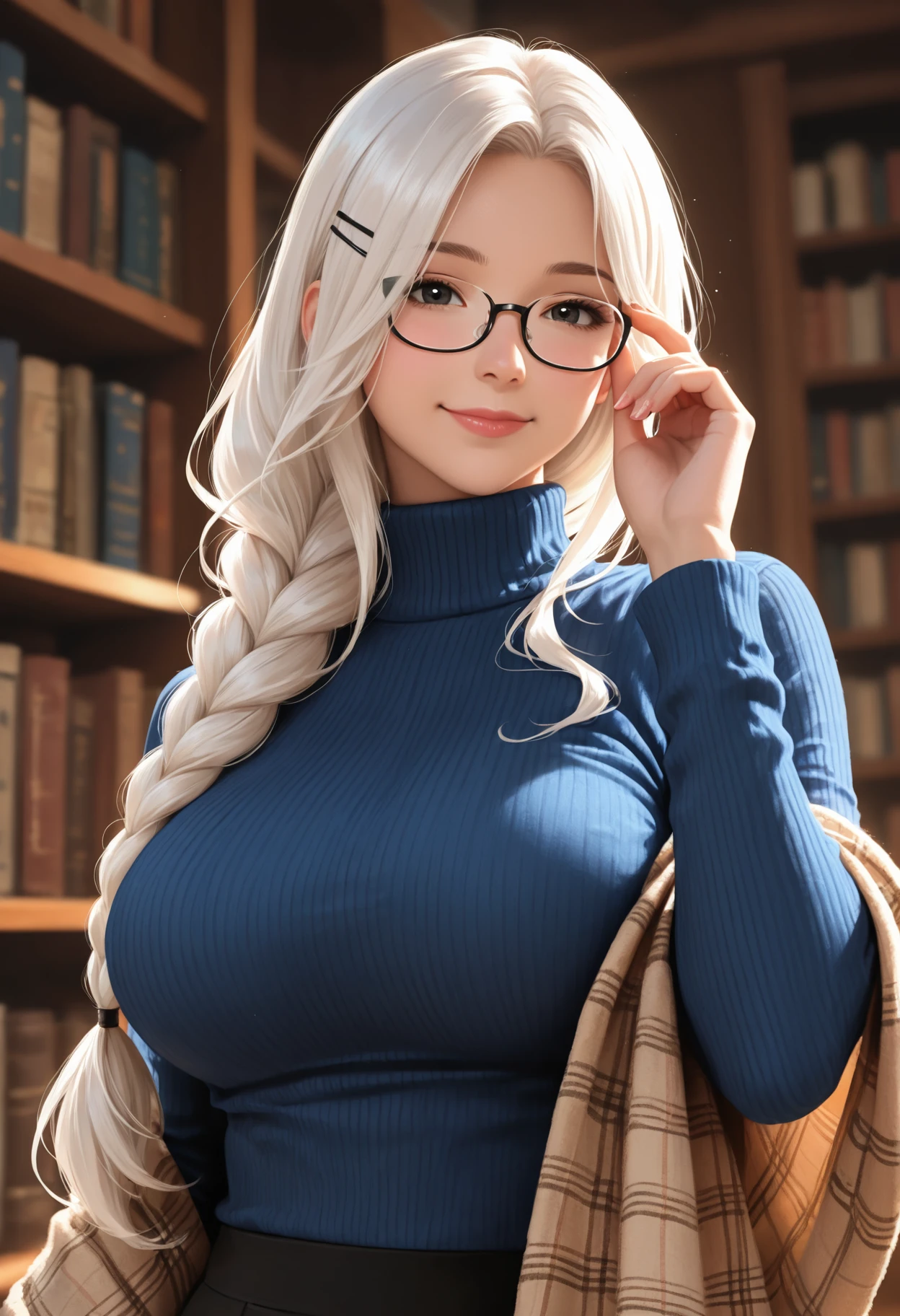 adult, mature, masterpiece, best quality, good quality, newest, highres, absurdres,
BREAK
raytracing, ambient occlusion,best quality, very awa, dynamic, cinematic, depth of field,blurry,
BREAK
realistic, masterpiece, absolutely eye-catching, (beautiful face),
BREAK
blue sweater dress, solo, black eyes, sweater, hair ornament, breasts, glasses, smile, long hair, looking at viewer, white hair, large breasts, skirt, braid, library, simple background, ribbed sweater, long braid, black-framed eyewear, shawl, adjusting eyewear, long sleeves, single braid, semi-rimless eyewear, sparkle, closed mouth, hairclip, turtleneck, upper body, turtleneck sweater, masterwork, masterpiece, best quality, dynamic lighting , dynamic pose,, dynamic angle,