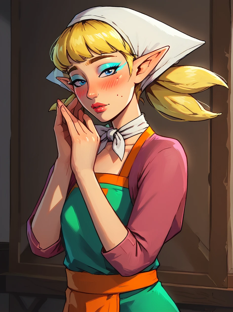 1girl, solo, cowboy shot, looking at the viewer, , eager, , bashful, blushing,
<lora:Peatrice_Skyward_Sword_Pony:0.85> peatrice, blonde hair, pointy ears, head scarf, apron, blush, blue eyes, makeup, lips, bandana
<lora:raichiyo33XLP:.55> raichiyo33 <lora:bp4rtXLP:.55> <lora:Expressive_H:.65> <lora:g0th1cPXL:.55> g0thicPXL, glowing, neon,âââ
