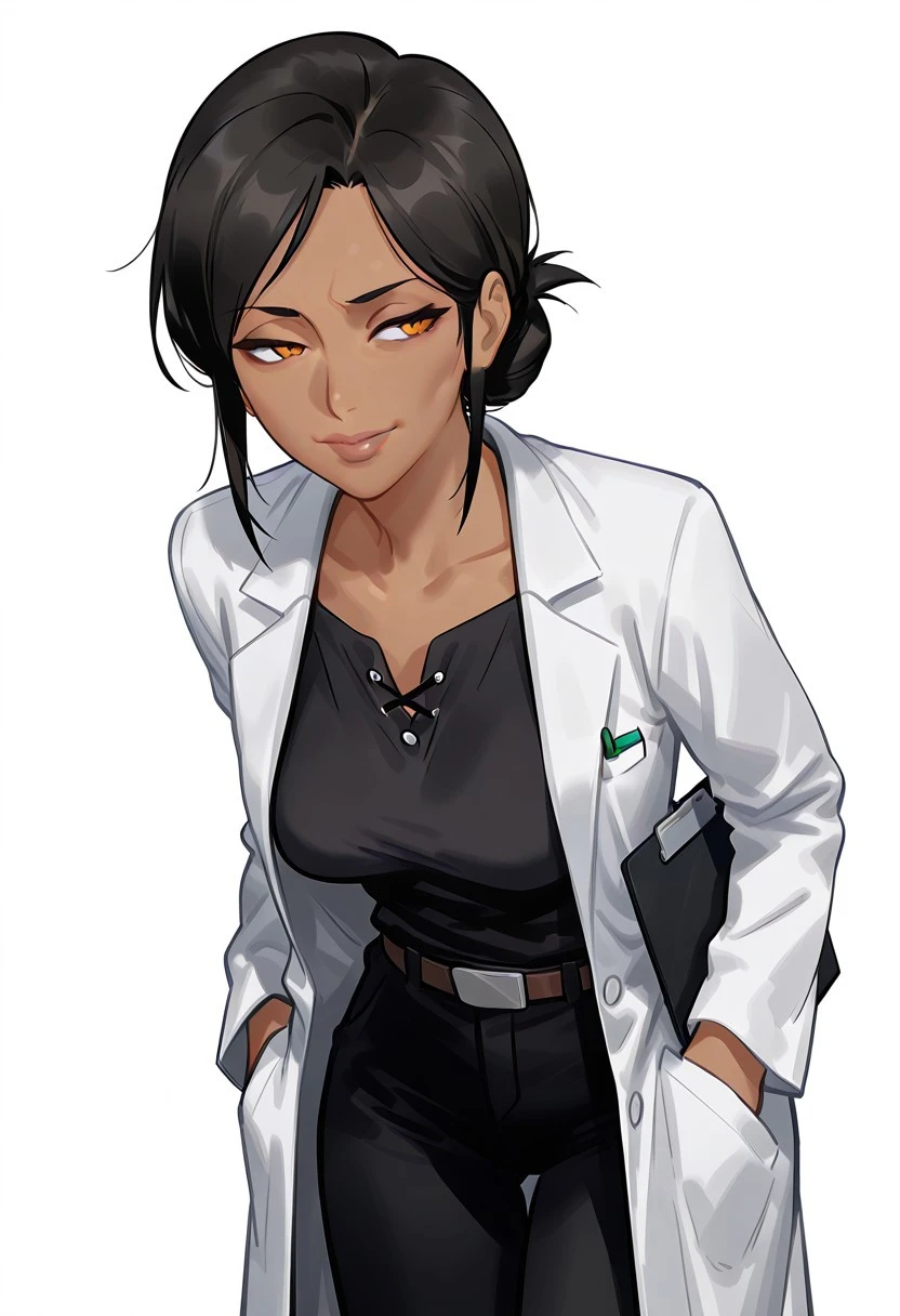 score_9, score_8_up, score_7_up, score_6_up, anime, beautiful, stunning, masterpiece, best quality, amazing quality, general,
DrWhite, drwhite, 1woman, mid-forties, mature face, black hair, dark skin, dark-skinned female, small saggy breasts, sleek cheekbones, dark-orange eyes. (high detail eyes), no loose strands,
white lab coat, crisp dark blouse, dark pants, belt,
Cold expression, uninterested, symmetrical features, composed stance. standing, clipboard under arm, hands in pockets, facing viewer, (forward facing:1.3), upper legs,
white background, alone:1.2, solo,
