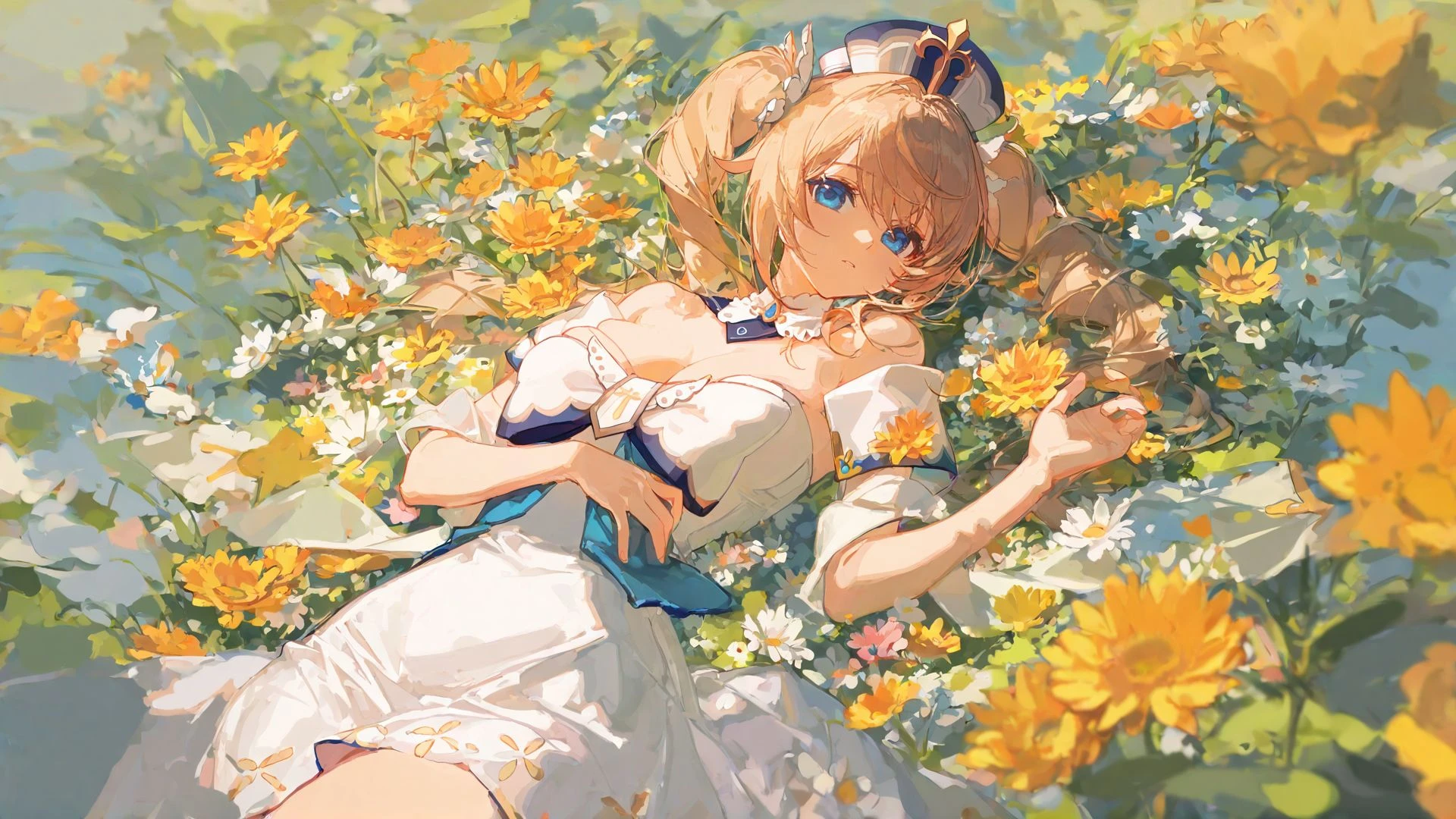 highres,extremely detailed 8k wallpaper,illustration,depth of field,great quality,masterpiece,best quality,amazing quality,very aesthetic,absurdres,detail eyes,
Chosen pastel style,artist:ciloranko BREAK
curvy,(narrow waist:1.1),<lora:Chosen pastel style:0.8>,(Barbara \(genshin impact\):0.8),white dress,bare shoulder,sun dress,short dress,sea of flowers,spring,on back,looking at viewer,shawl,twintails,upper body,show cleavage,hand on breast,
