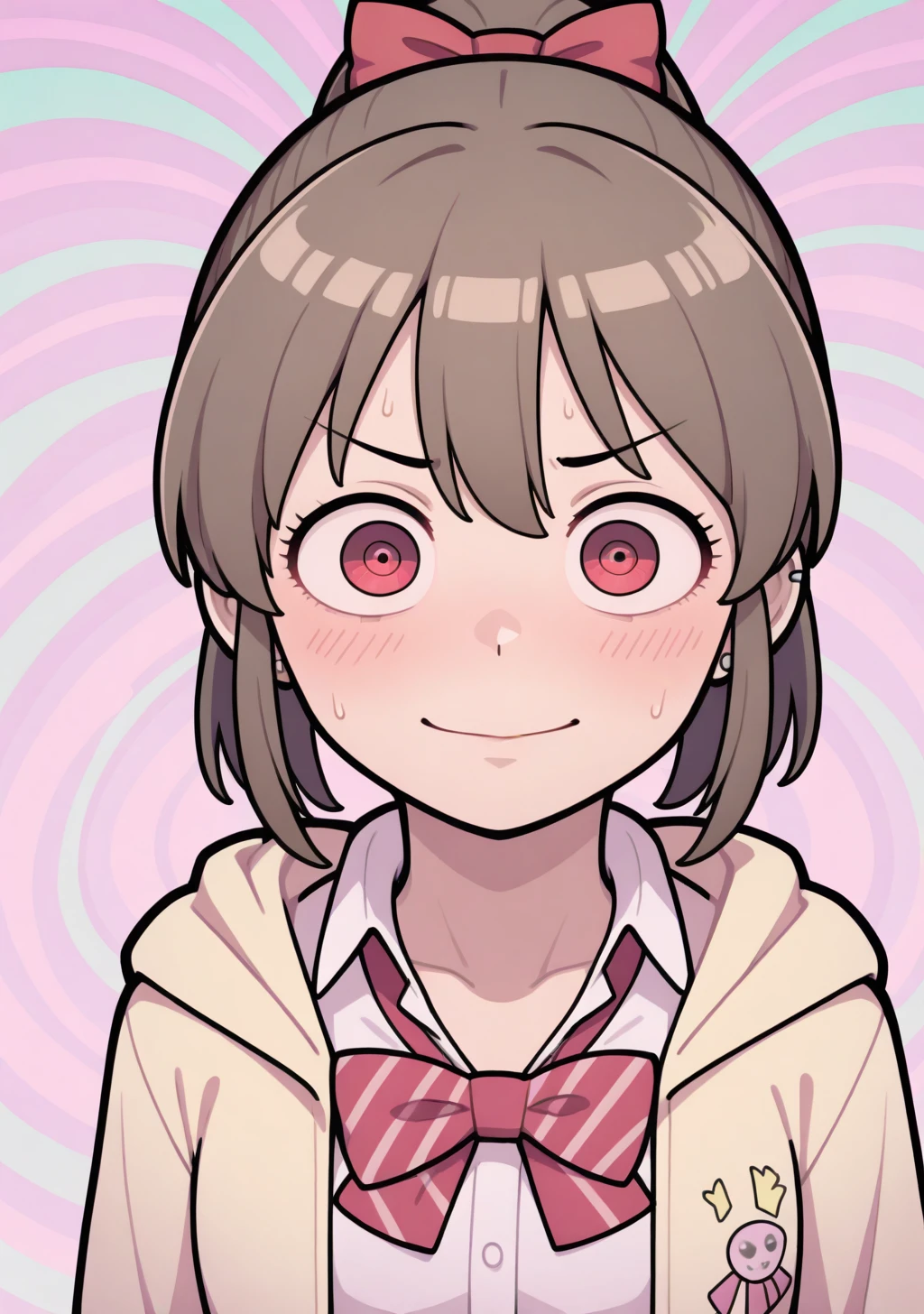 masterpiece, best quality, absurdres, perfect lighting,shiny skin,1girl,hori yuko,brown hair,red eyes,<lora:hori_yukko:1>,hooded jacket, school uniform, bowtie, pleated skirt,tattoo,tattoo,piercing,punk,smoking,cigarette,crazy eyes,constricted pupils,@_@,upper body,depth of field,pastel colors, [realistic,3d::0.1], (perspective:1), embarrassed, narrowed eyes, light smile,looking at viewer, [pink and green:0.1] (psychedelic:1.3) spiral background ,<lora:Psychedelic:0.5>,joint \(drug\),<lora:Stoned-illus_Fp:0.7>