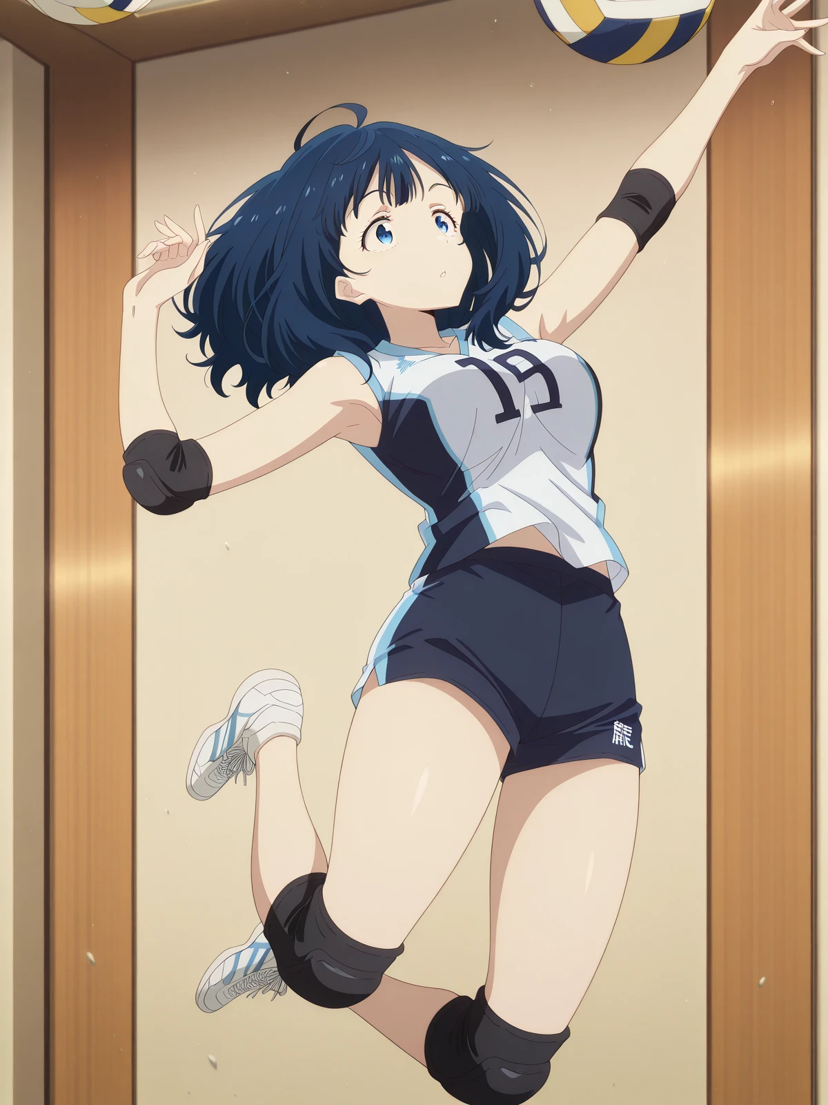 masterpiece, best quality, amazing quality,, <lora:anna-yanami-s1-illustriousxl-lora-nochekaiser:1>, anna yanami, yanami anna, medium hair, blue eyes, ahoge, blue hair, mature female, breasts, anime screencap, <lora:volleyball-spike-illustriousxl-lora-nochekaiser:1>, volleyball spike, solo, full body, parted lips, armpits, arms up, ball, jumping, midair, volleyball, volleyball (object), indoors, elbow sleeve, volleyball uniform, shorts, shirt, sleeveless, elbow pads, knee pads, , ,