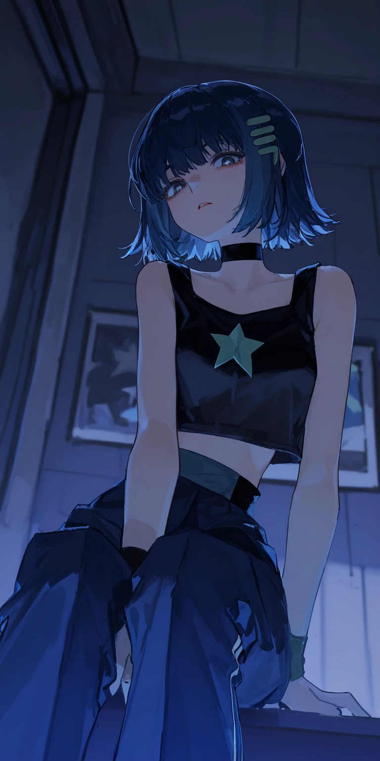 masterpiece, best quality, good quality,anime character, dynamic angle, lazypos, detailed background, vibrant colors, delicate, straight-on, indoors, looking at viewer, sitting

, solo, 1girl, short hair, blue hair, hairclip,

, crop top, black crop top, star_(symbol), pants,

,BREAK (by tianliang duohe fangdongye), [by quasarcake],