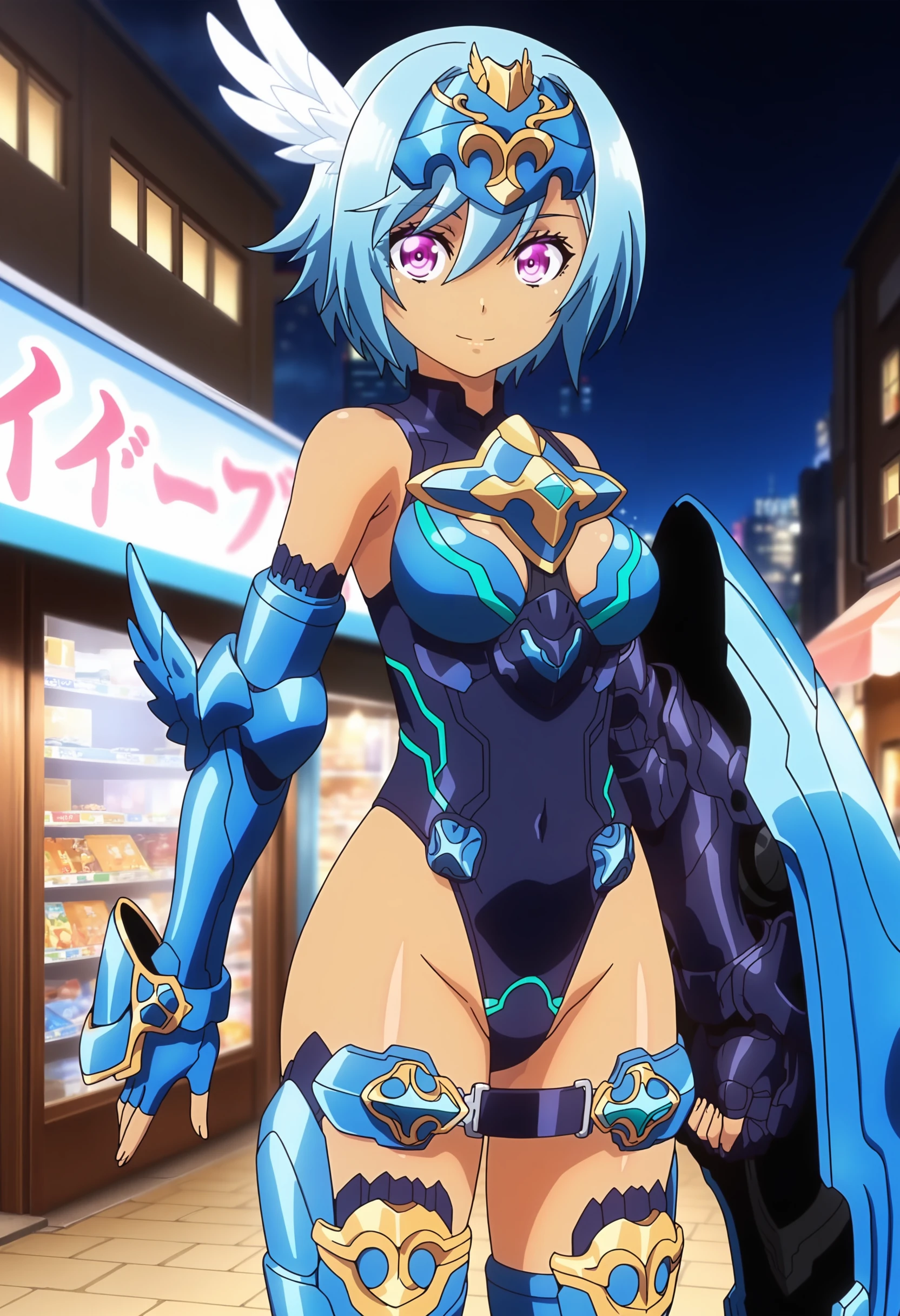 <lora:Bluerose_Face-10:1>outdoor,city,Masterpeace,high quality,Bluerose_Face, 1girl, solo, short hair, blue eyes, thighhighs,hat, cleavage, bare shoulders, jewelry, medium breasts, blue hair, elbow gloves, high heels, makeup, thigh boots, lipstick, superhero, blue lips