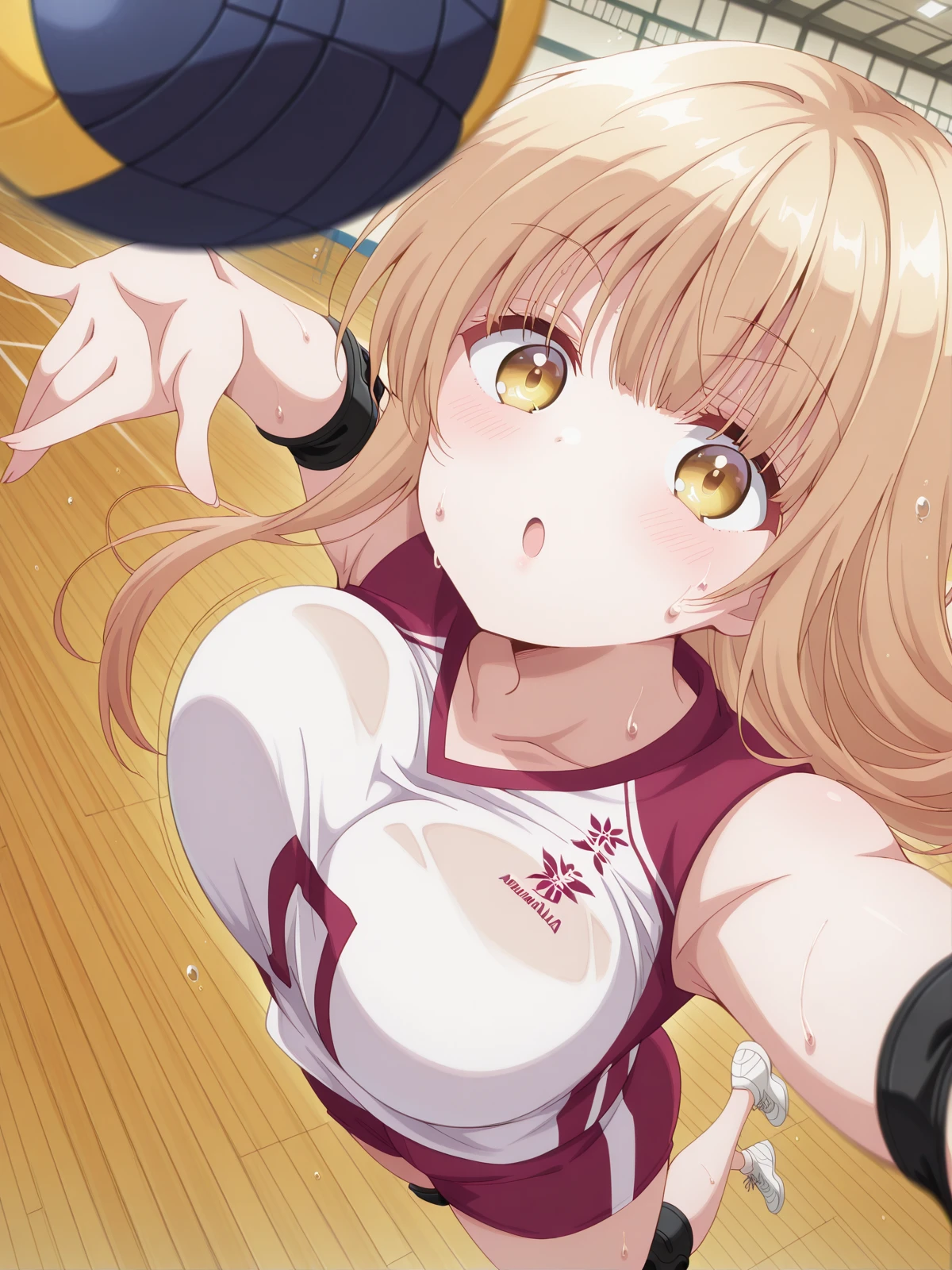 masterpiece, best quality, amazing quality,, <lora:mahiru-shiina-s1-illustriousxl-lora-nochekaiser:1>, mahiru shiina, bangs, blonde hair, brown hair, yellow eyes, long hair, mature female, , anime screencap, <lora:volleyball-spike-from-above-illustriousxl-lora-nochekaiser:1>, volleyball spike from above, solo, looking at viewer, blush, open mouth, collarbone, sweat,, blurry, :o, ball, bouncing , jumping, volleyball, volleyball (object), hand up, arm up, indoors, elbow sleeve, volleyball uniform, shorts, shirt, sleeveless, elbow pads, knee pads, , ,