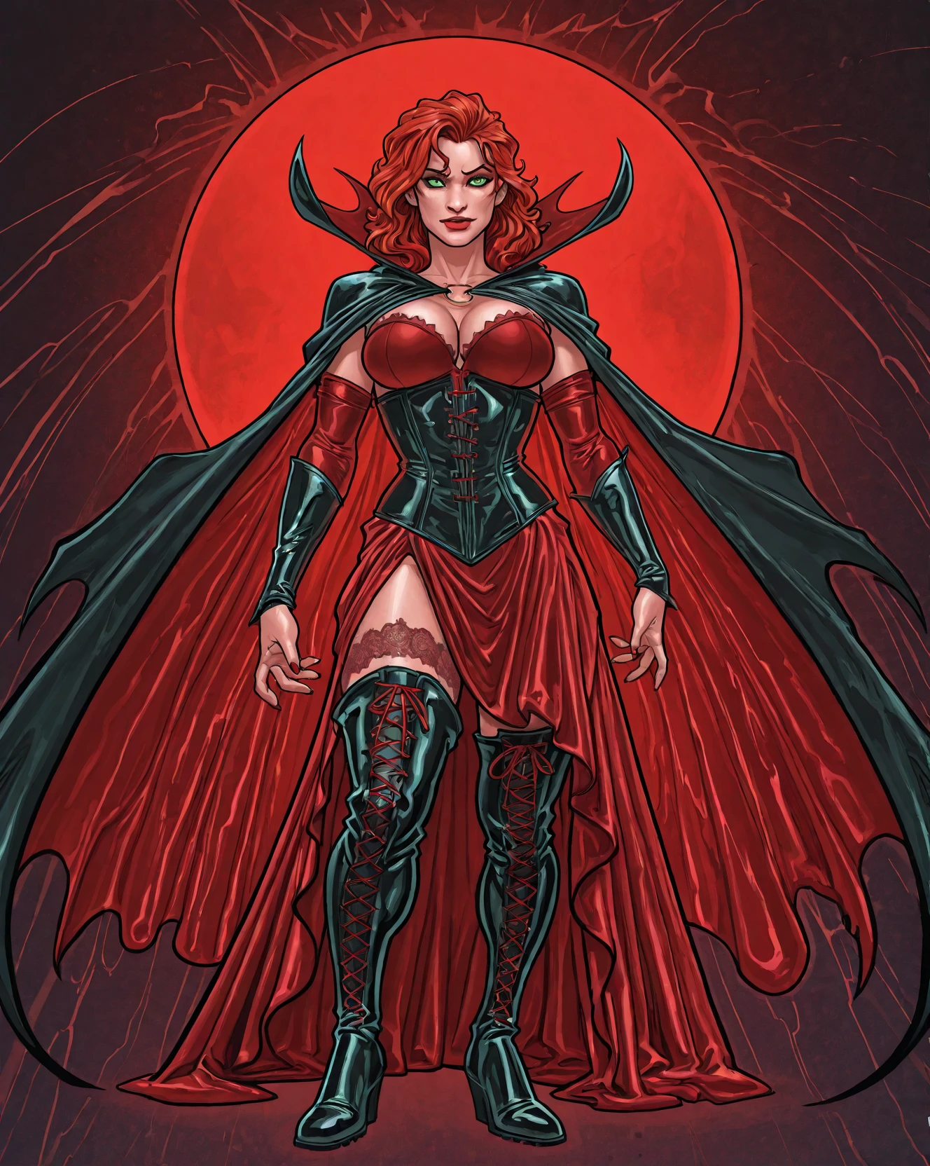 [Angela White], gothic knight armor, red hair styled in loose waves, analog style, woman, (thepit bimbo:0.6)), blue eyes, hoop earrings, detailed, skin texture, (silicon lips:0.8), full body perspective, centered, pale skin, looking at viewer, 8k, highly detailed, glossy, symmetric, realistic, photo-realistic, cleavage focus, pout, navel, milf, feminine, pauldrons, full plate, knight, wide hips, glowing skin, breast enlargement, cameltoe, huge breasts, bubblebutt, huge lips, leather thigh boots, 1girl, close-up, extreme close-up, vampire, nighttime, skirt, bats, solo