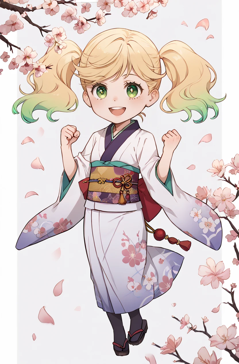 score_9, score_8_up, score_7_up, masterpiece, best quality, amazing quality, very aesthetic, newest, absurdres, highres,
1girl, solo,
<lora:WatanabeSarasaPonyV1:0.8> watanabesarasa, blonde hair, green hair, multicolored hair, gradient hair, curly hair, green eyes, twintails,
<lora:IriaStylePony:0.8> IRIaStyle, chibi,
full body, cherry blossoms, smile, open mouth, sparkle, sparkling eyes, clenched hands, kimono,