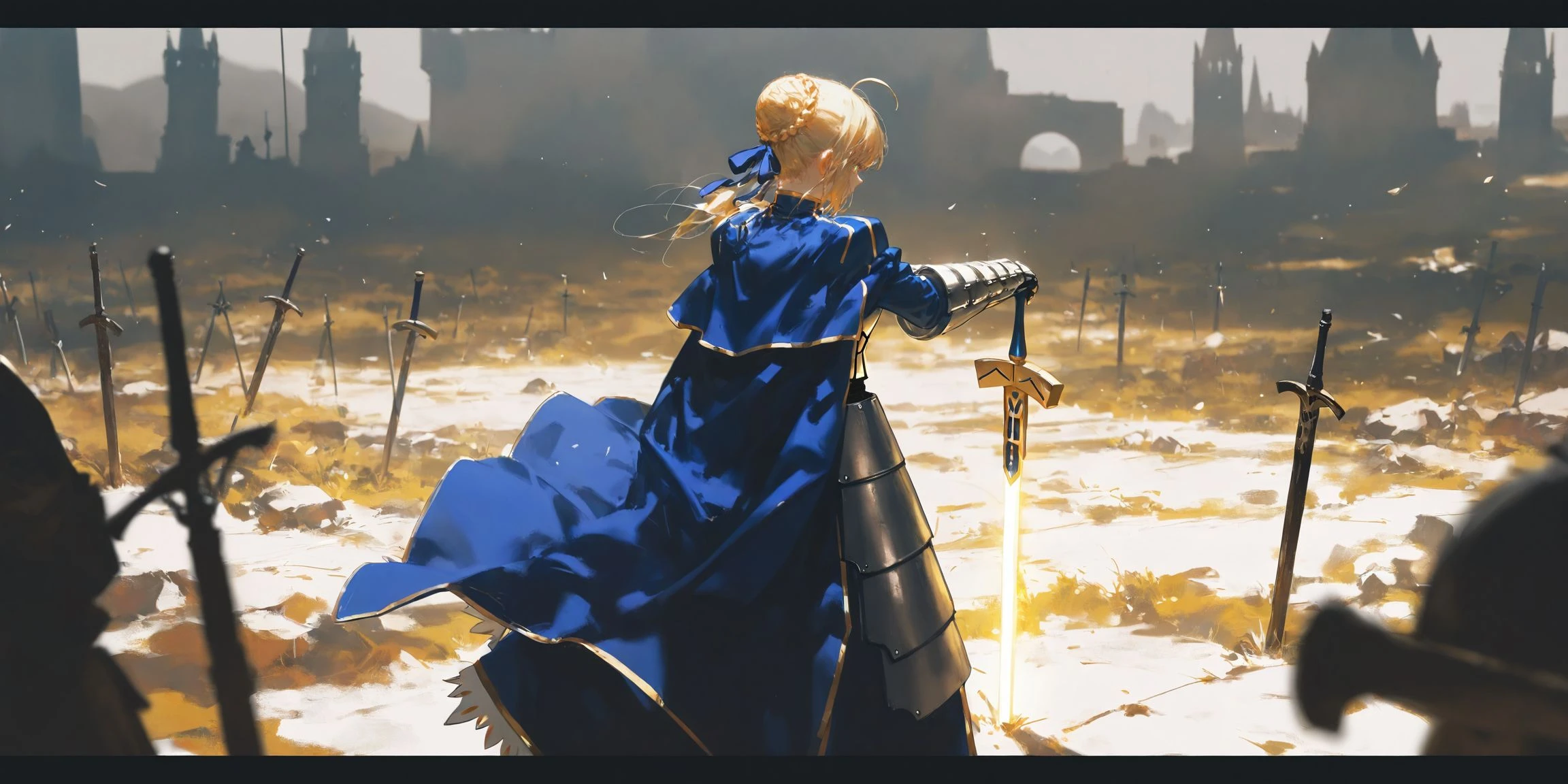 oil painting,impasto,highres,extremely detailed 8k wallpaper,illustration,depth of field,great quality,masterpiece,best quality,amazing quality,very aesthetic,absurdres,wallpaper,detail eyes,
artist:dino_(dinoartforame),artist:konya_karasue,(artist:nixeu:0.8),(artist:wlop:0.5),artist:ciloranko BREAK
<lora:Dark fantasy style:0.7>, -Dark fantasy style, saber, artoria pendragon (fate), excalibur (fate/stay night), planted, weapon, blonde hair, planted sword, 1girl, letterboxed, sword, armor, solo, glowing weapon, from behind, long hair, dress, blue cape, glowing, ahoge