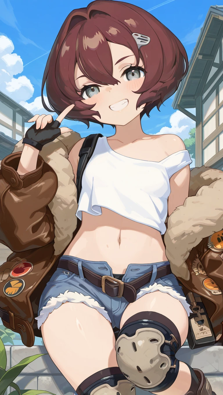 highest quality, extremely detailed, muste piece, 
(1 baby girl(full body figure):1.4), (small curvaceous loli(10 talents):1.3), (front facing pose), [belly fat:1.4], [muscular:1.4], (smirk1.1), (show teeth), 
(brown pantyhose(pantyhose up to navel):1.6), (Deep-rise folded denim shorts:1.3), (Beautiful folded shorts:1.3), 
(high neck innerwear(tight):1.6), (high neck innerwear(expose one&#39;s stomach:1.5)), (high neck innerwear(パンストand離れた:1.6)), 
(short sleeve jacketを着る:1.3), (short sleeve jacket(roll up sleeves):1.4), (mid blue long hair:1.5), (red eyes(Twinkling Eyes):1.3), (Slender stomach:1.4), cute legs, (puffy nipple:1.4), (small tits:1.4), 
(Long brown gloves that reach above the elbow:1.5)and(thimble rider gloves:1.2), (Simple belt-shaped black choker:1.3), (blue beret), 
(Cool boots that reach up to the calf:1.3),Serra, 