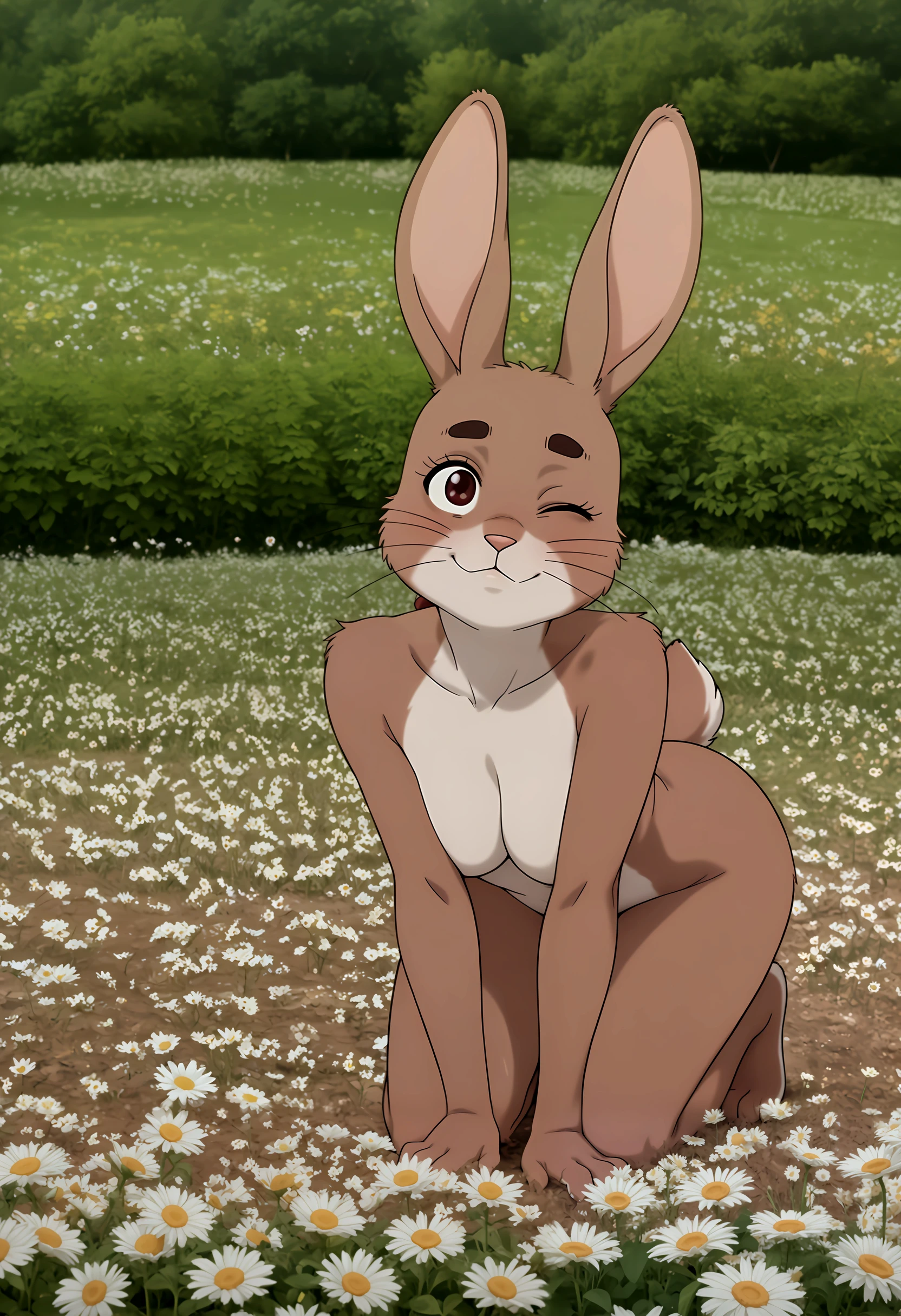 masterpiece, best quality, amazing quality, very aesthetic, high resolution, absurdres, newest, danda7th, furry, anthro, female rabbit, 1girl, solo, , soft brown fur, long ears, playful hop pose, detailed curves and whiskers, teasing wink, simple flower meadow background <lora:DanDa7th_Fusion:1.4000000000000004>