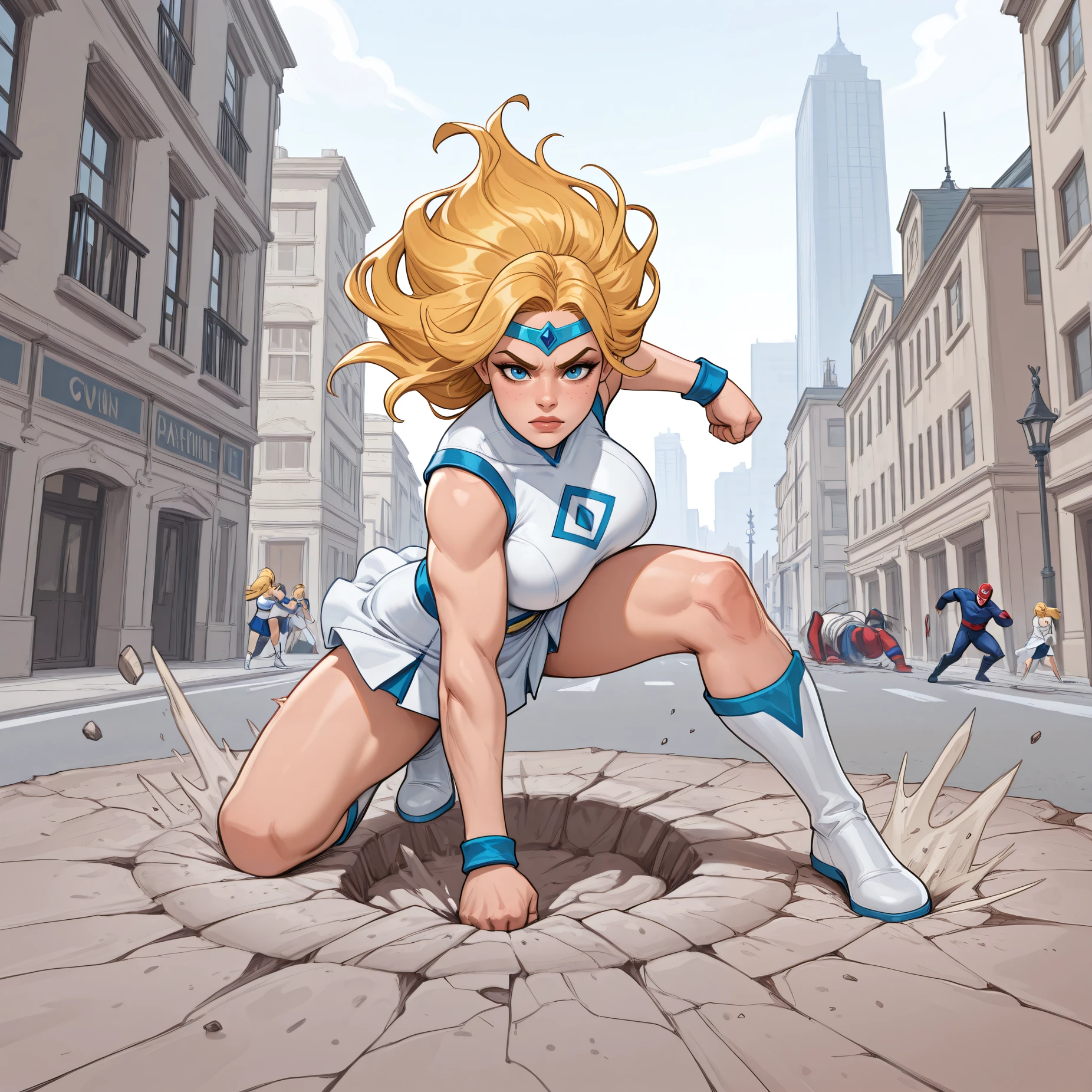 embedding:IllusMonPos, <lora:Superhero_landing:0.7> 1girl, woman, tall, thin, white dress, short skirt, blue eyes, blonde hair, large breasts, tiara, outside, city street, punching ground, crater, superhero landing , <lora:Superhero_landing:0.7>