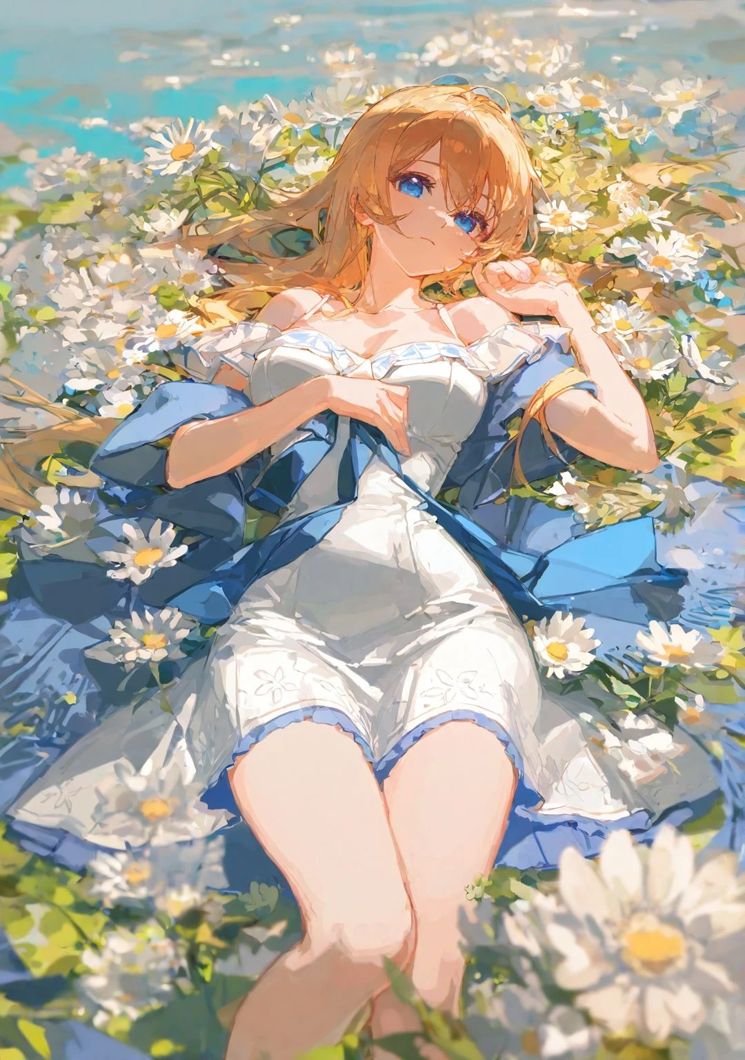 highres,extremely detailed 8k wallpaper,illustration,depth of field,great quality,masterpiece,best quality,amazing quality,very aesthetic,absurdres,detail eyes,
Chosen pastel style,artist:ciloranko BREAK
curvy,(narrow waist:1.1),<lora:Chosen pastel style:0.8>,(Barbara \(genshin impact\):0.7),white dress,bare shoulder,sun dress,short dress,sea of flowers,spring,on back,hand on breast,looking at viewer,shawl,